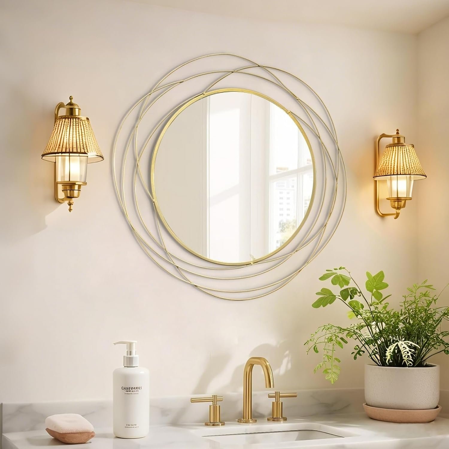 HQiJun Round Wall Mirror – 26.8″ Large Gold Circle Mirror for Wall with Art Decorative Durable Metal Frame, Modern Hanging Mirror for Bathroom Over Sink, Bedroom, Entryway, Vanity or Living Room