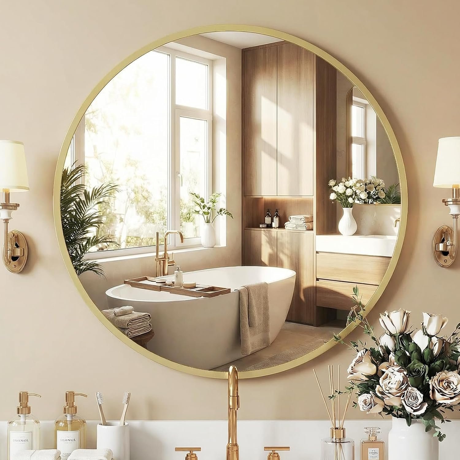NEWBULIG 30 Inch Round Wall Mirror, Bathroom Mirrors for Over Sink, Matte Metal Framed Circle Vanity Mirror, Wall Decor for Bedroom, Entryway, Anti-Rust, Tempered Glass, Hanging or Leaning, Gold