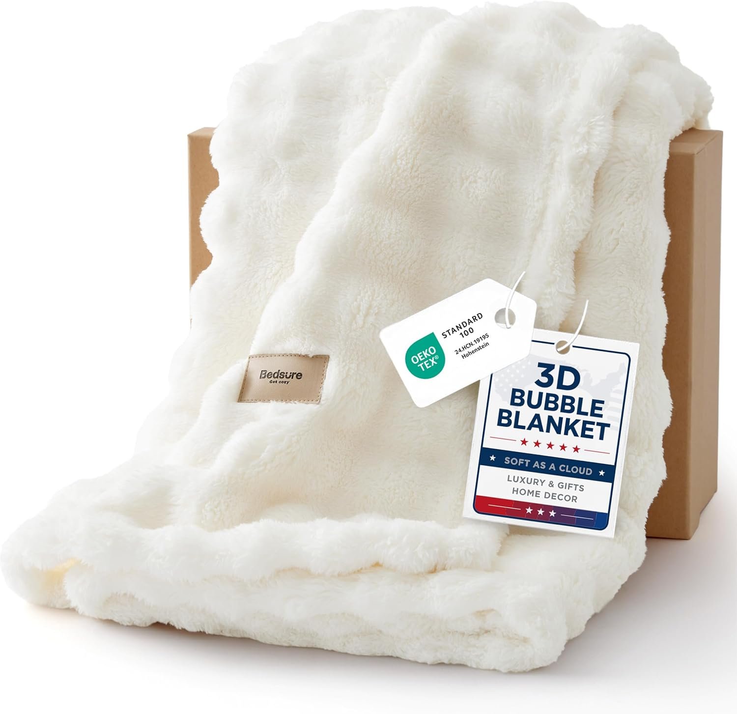 Bedsure 3D Fleece Bubble Blanket for Couch – GentleSoft Cute White Throw Blanket for Sofa Bed Room Decor – Luxury Soft Cozy Cloud Blanket Mothers Gifts for Women, Lightweight, Off White, 50″×60″