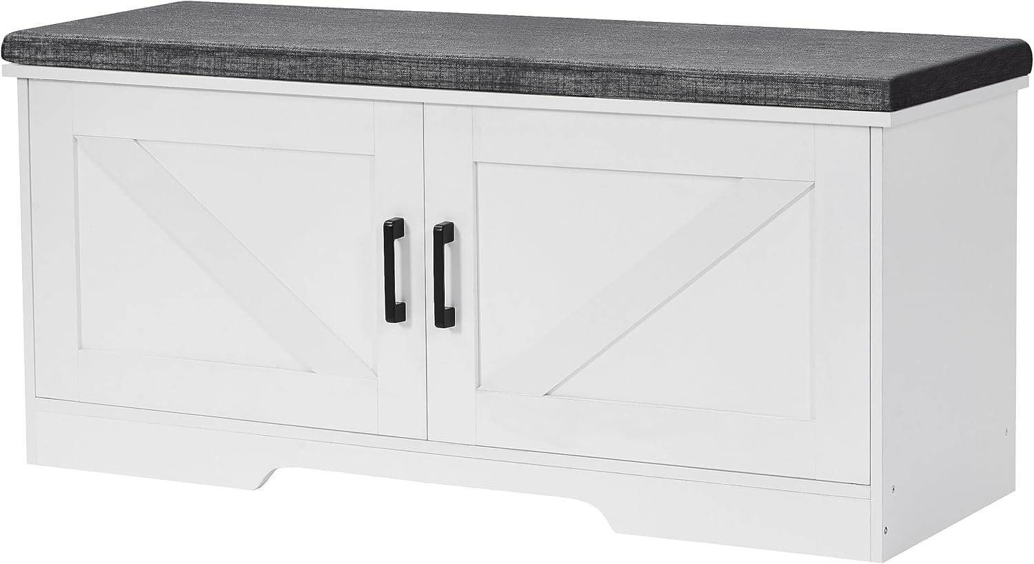 HOMSHO 2-Tier Storage Bench, 39.4″ Wide Shoe Bench with Padded Seat Cushion, Entryway Bench with 2 Barn Doors and Adjustable Shelf, White