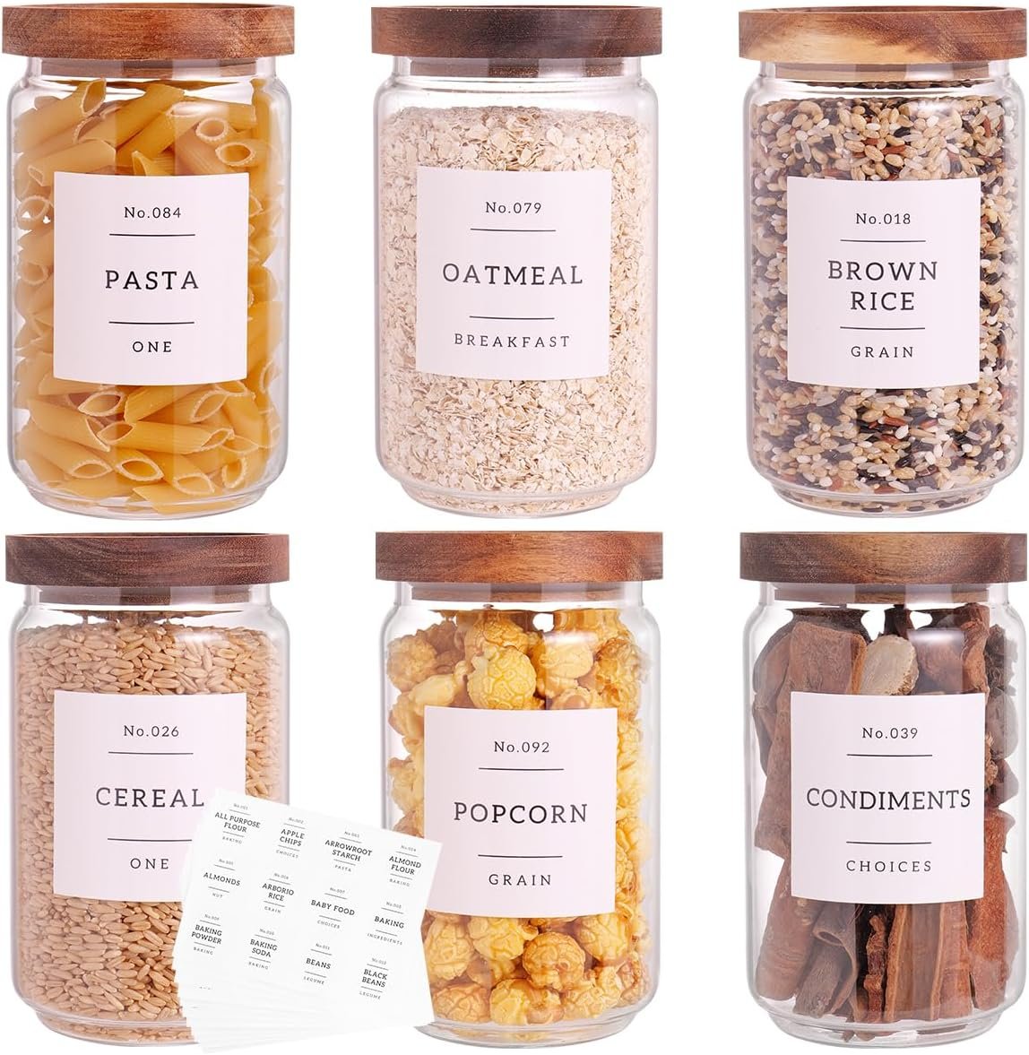 6 Set Glass Pantry Storage Jars with Acacia Airtight Lid – 23oz Thicken Glass Kitchen Canisters with 132 Pantry Labels – Clear Glass Food Storage Containers with Wood Lid for Tea,Sugar,Cookie,Coffee