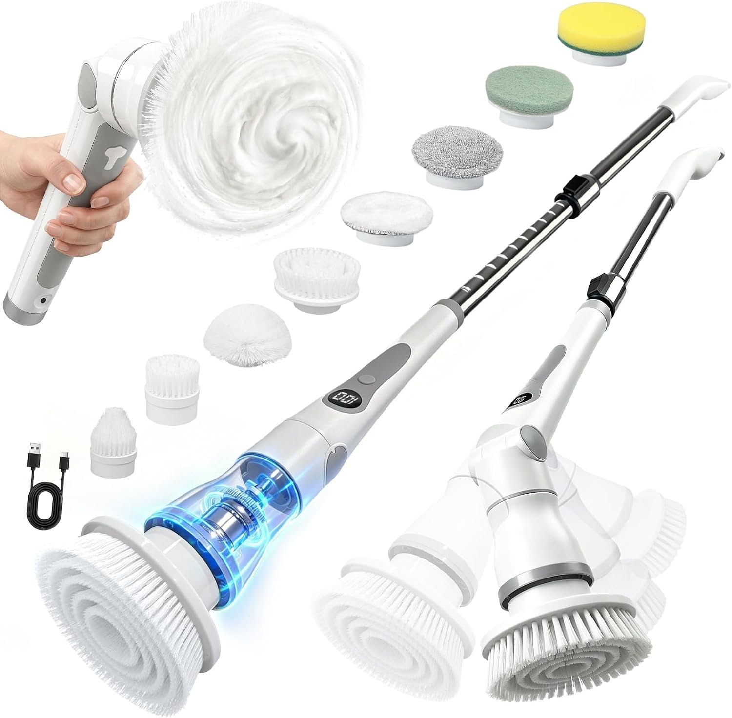 Electric Spin Scrubber, Cordless Shower Scrubber with 8 Replaceable Brush Heads, Adjustable Long Handle Bathroom Scrubber, 3 Speeds LED Display, IPX7 Waterproof Cleaning Brush for Bathtub Tile Floor