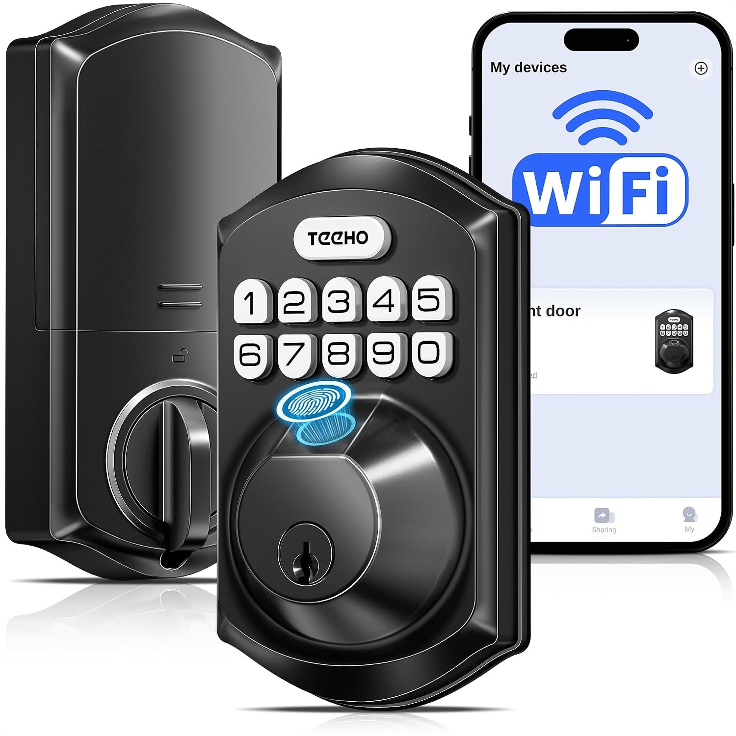 TEEHO TE012W WiFi Smart Lock, Fingerprint Door Lock with Built-in Wi-Fi, Keyless Entry Keypad Smart Deadbolt, App Remote Control, Alexa Compatible, IP55 Waterproof for Front Door – Matte Black