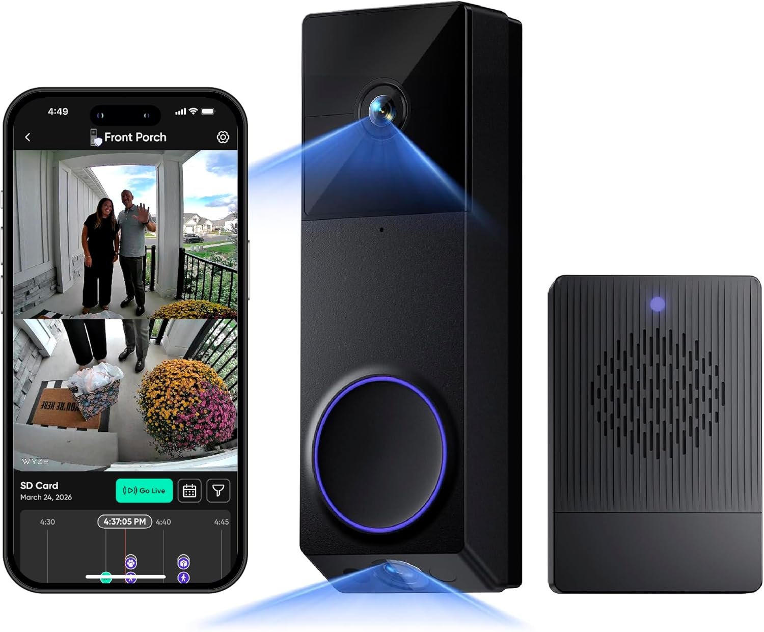 WYZE Wireless Duo Cam Video Doorbell (Chime Included), Battery Powered, 2K Full HD Video, 2 Cameras (People and Package), 2-Way Audio, Color Night Vision