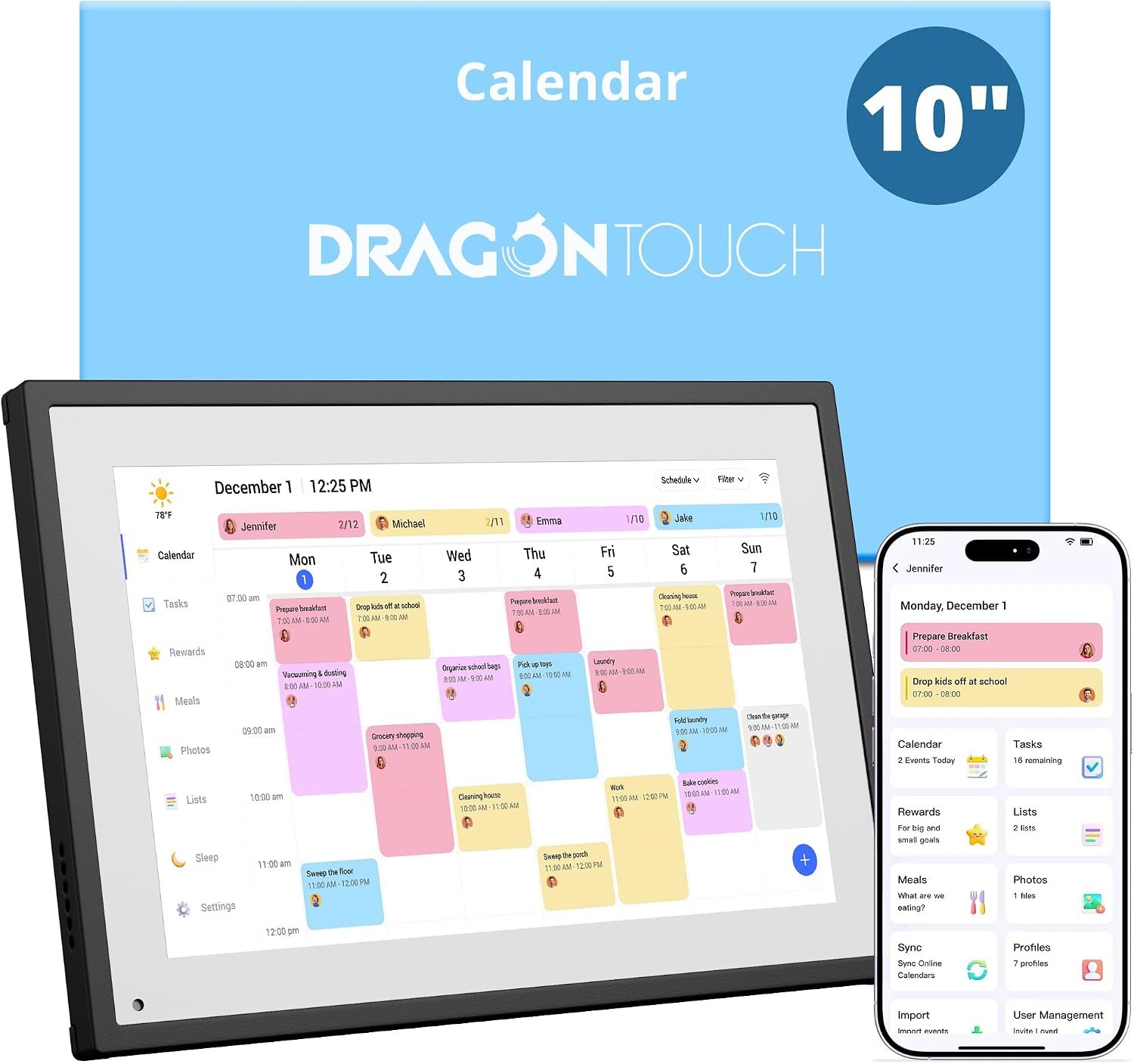Dragon Touch 10.1 inch Digital Calendar Chore Chart – Interactive Touchscreen, Smart Family Planner, Hearth Display Desk Digital Calendar Seamless Scheduling Black