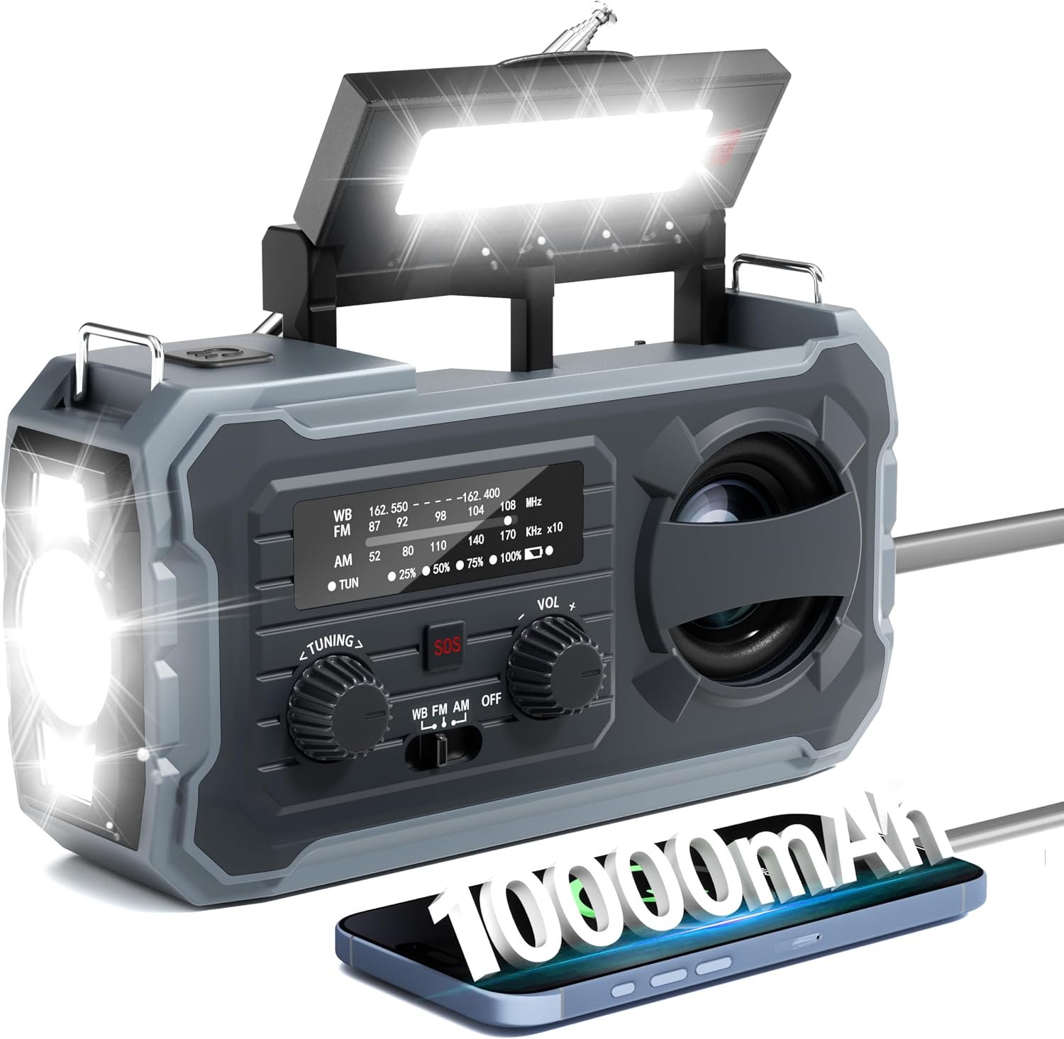 Hand Crank Emergency Radio, 10000mAh Weather Radio with AM/FM/NOAA, Solar Prower, SOS Alarm, Phone Charging, LED Flashlight, Portable Survival Gear for Outdoor & Home Emergencies Kits, Grey