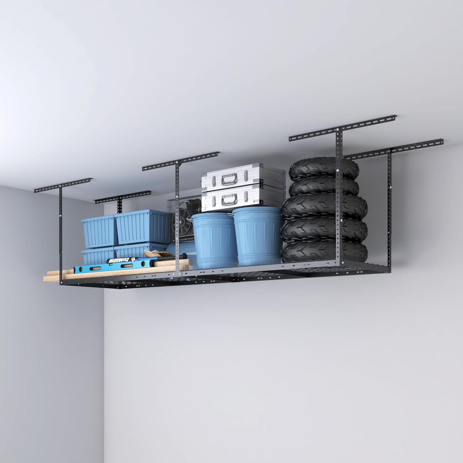 2ftx8ft Overhead Garage Storage Rack, Heavy-Duty Metal Garage Ceiling Storage Rack, 22”-40″ Adjustable Ceiling Drop-Down, 400 lb. Loading Weight Capacity, Black