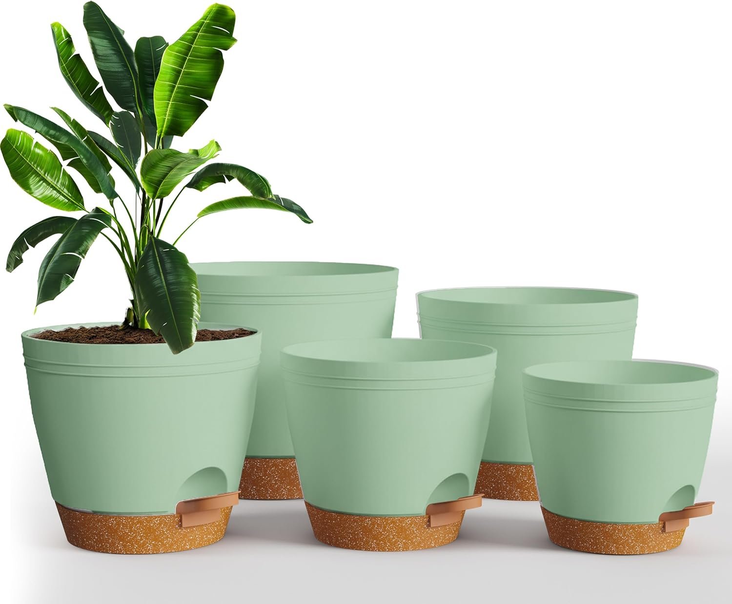 Utopia Home Self Watering Pots for Indoor Plants, Planters for Indoor Plants, Multi-Size Flowerpot, Set of 5 Plant Pots with Drainage & Reservoir, 6.8″/6.4″/5.9″/5.5″/4.9″ (Olive Green)