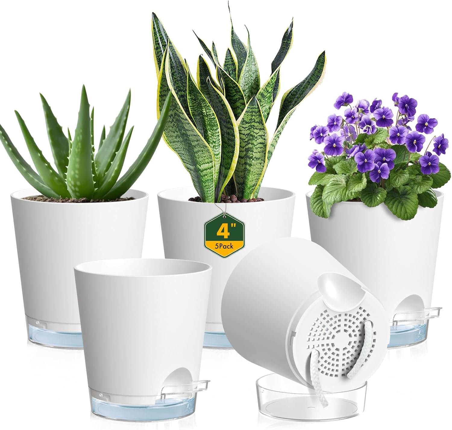 Meowell 4 inch Self Watering Pots for Indoor Plants, 5 Pack Small Flower Plant Pots with Drainage Holes and Clear Reservoirs, Visible Water Level, Plastic Planters with Wicking Rope, White