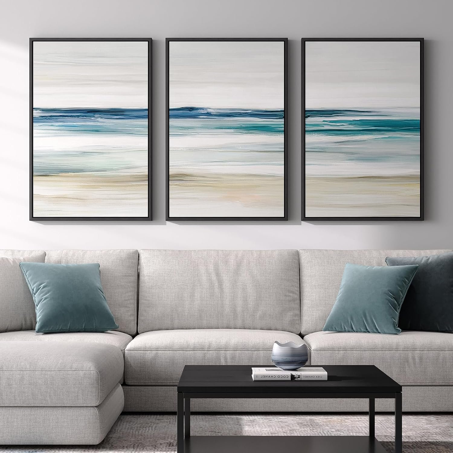 Framed Abstract Coastal Wall Art for Living Room, Large Blue Coastal Landscape Decor, 3 Piece Minimalist Beach Ocean Painting Artwork for Walls, Canvas Prints for Bedroom Hallway Wall Decor, 24×36 In