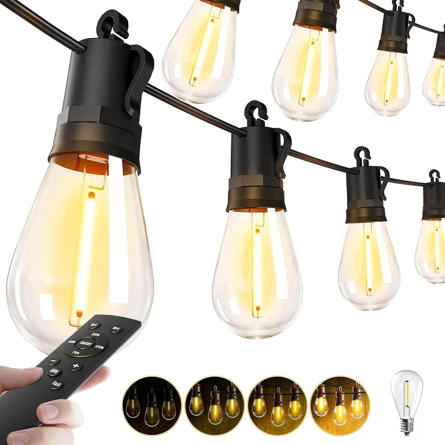Outdoor String Lights Patio LED – Light Outside 50Ft 15M Waterproof Remote Dimmable S14 Porch Lighting Edison Plastic Bulb Pergola Hanging Balcony Connectable Backyard Yard Gazebo Party Garden Bistro