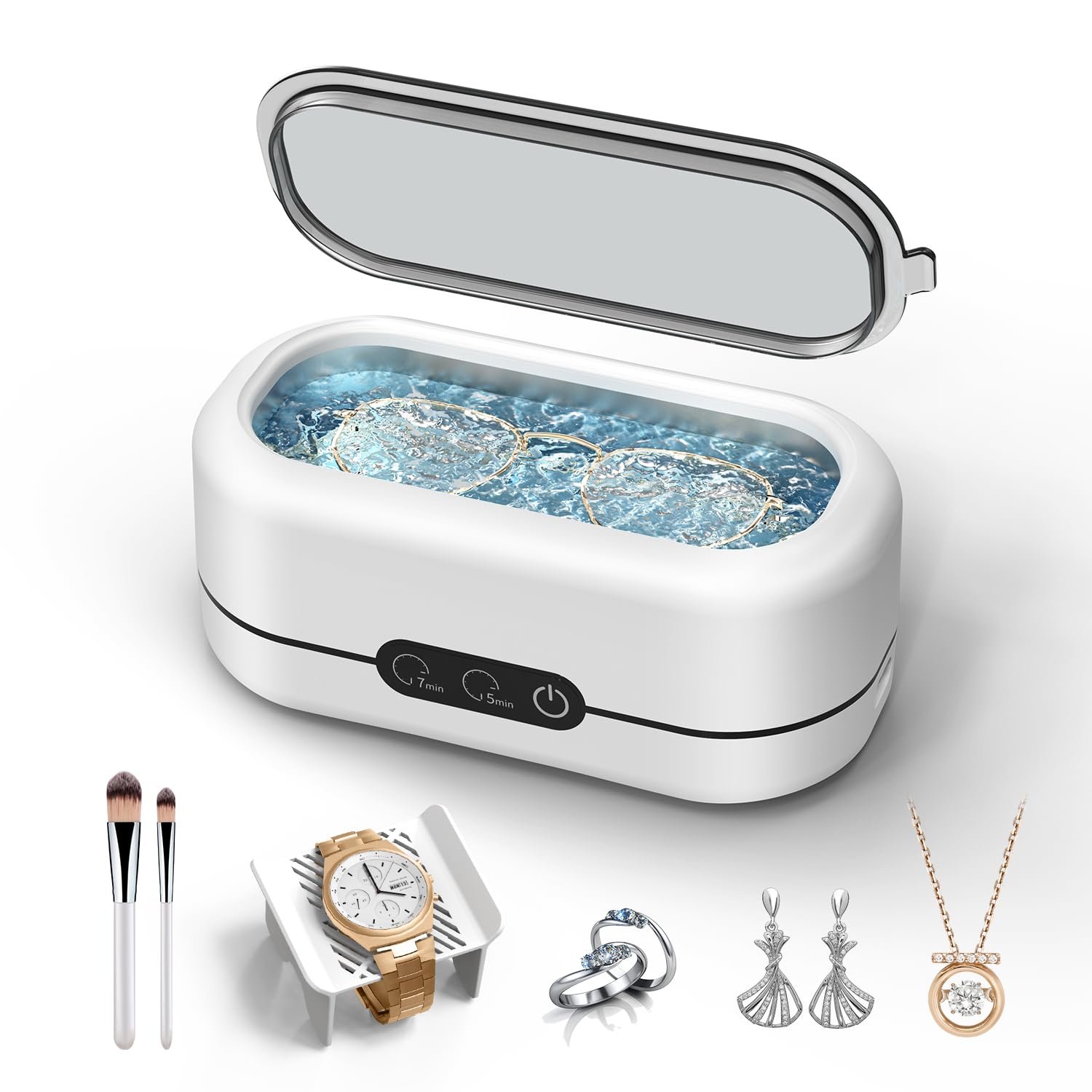 Ultrasonic Jewelry Cleaner, 48KHz Ultrasonic Cleaner Machine for Jewelry, Eyeglasses, Rings, Watch Strap, Dentures- Dual Cleaning Modes, 304 Stainless Steel Tank – White