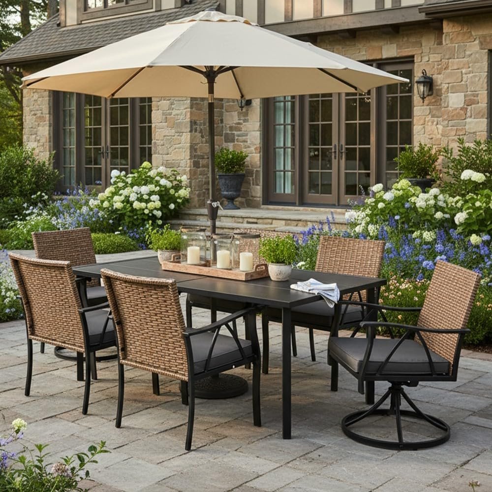 7-Piece Patio Dining Set for 6, Outdoor Dining Set with Wicker Swivel Patio Dining Chairs with Cushions & Black Rectangular Woodgrain Dining Table with 1.75”Umbrella Hole, Black & Brown