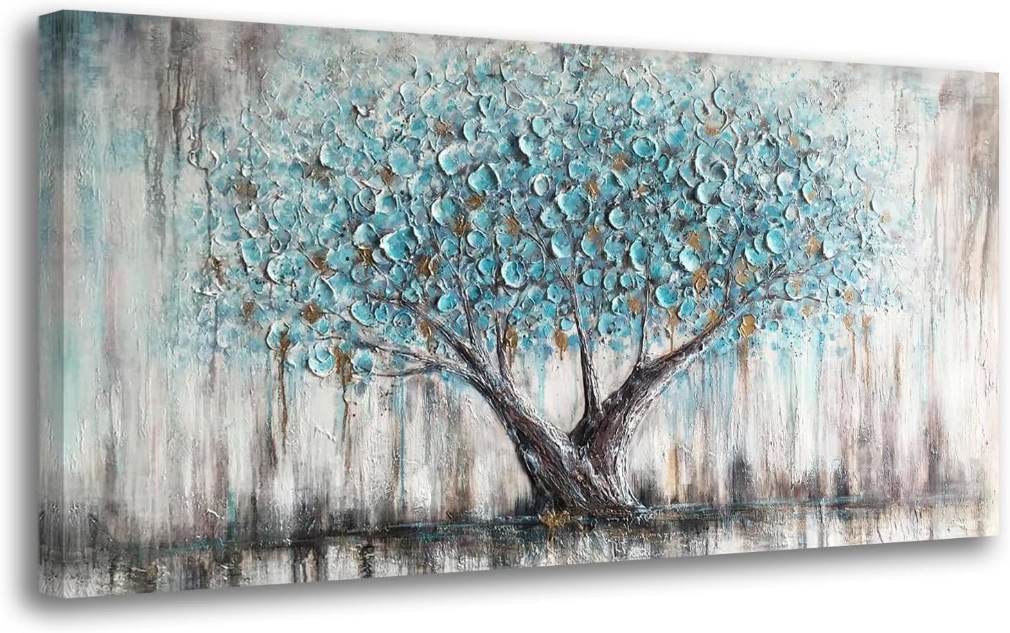 Arjun Tree of Life Wall Art Canvas for Living Room Blue Tree Nature Teal Painting, 50% Hand Painted Textured Picture Bedroom Panoramic Landscape Artwork Framed Home Office Decor 40″x20″