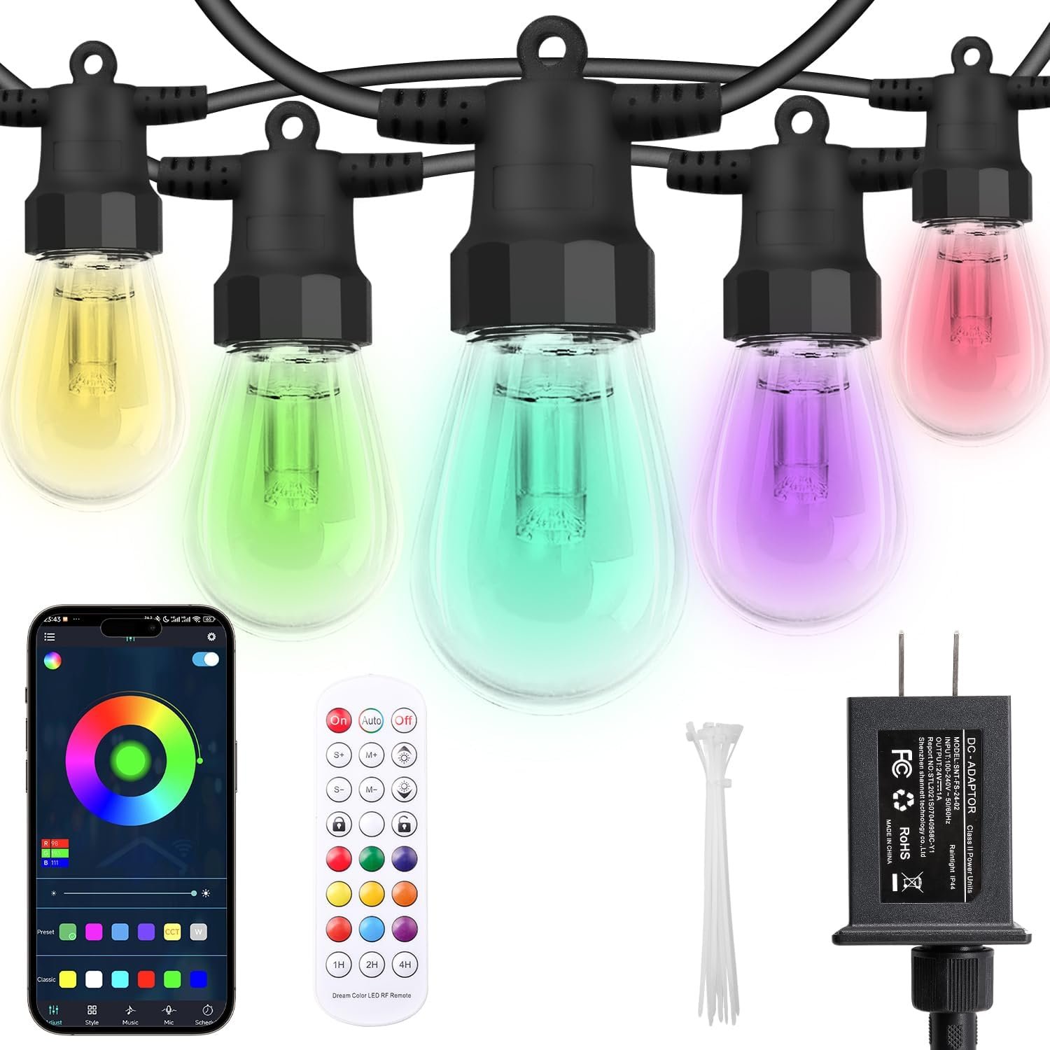 CAWWS Outdoor String Lights 50FT, Outdoor Lights for Patio with 20 Dimmable RGBW LED Bulbs, IP66 Waterproof Shatterproof, with APP Control & Remote, 24V Adapter Color Change,for Backyard Décor