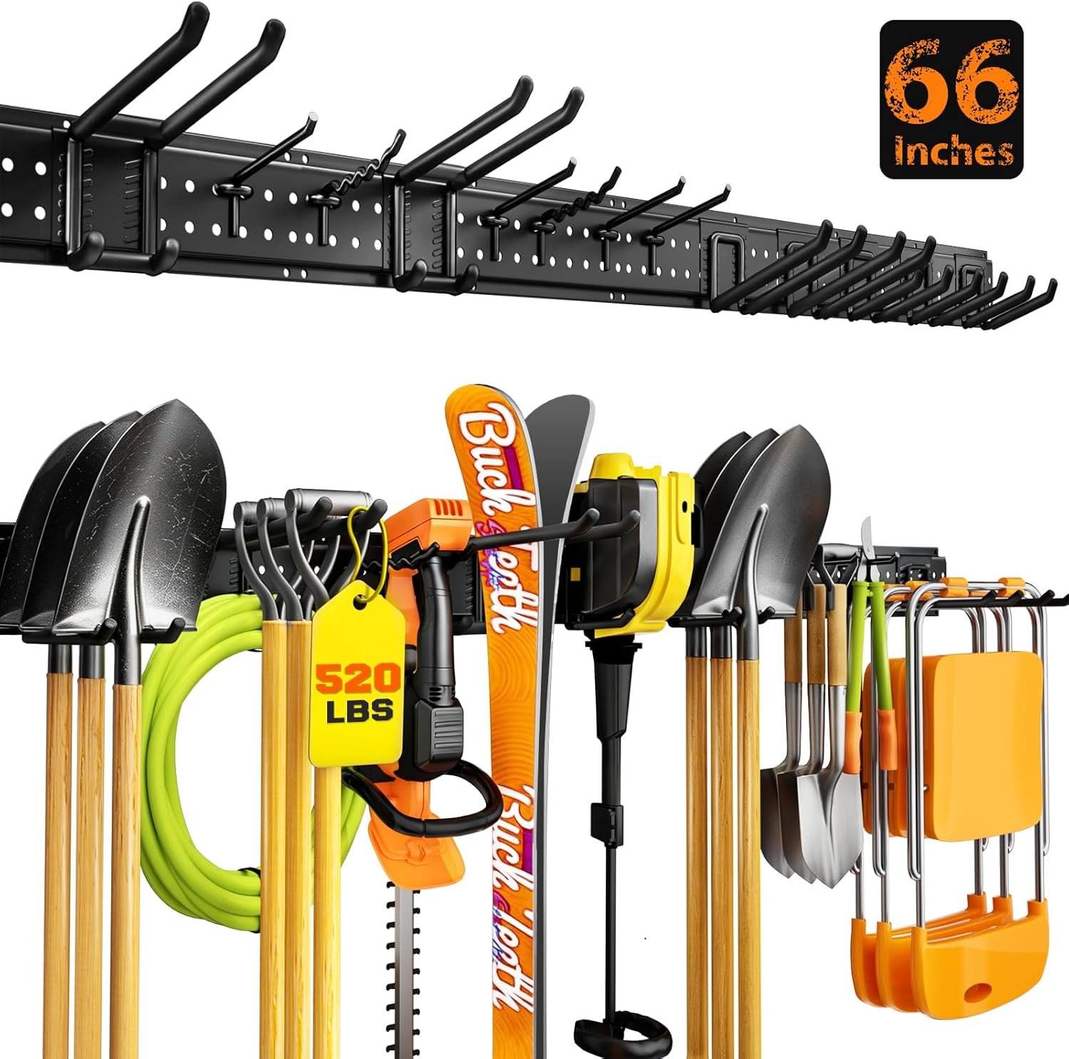 Garage Tool Organizer Wall Mount 66 inches with 13 Adjustable Heavy-Duty Hooks, Garage Organization, Garden Tool Storage Rack for Garage, Yard, and Shed, Holds Up to 520 lbs
