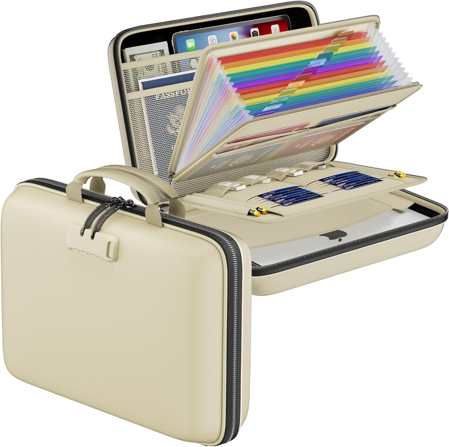 DocSafe Fireproof File Organizer with Lock, Hard-Shell Case Fireproof Document Box with 13 Pocket Accordion File Folder, Portable Home Office Travel Safe Storage for Important Documents Laptop Beige
