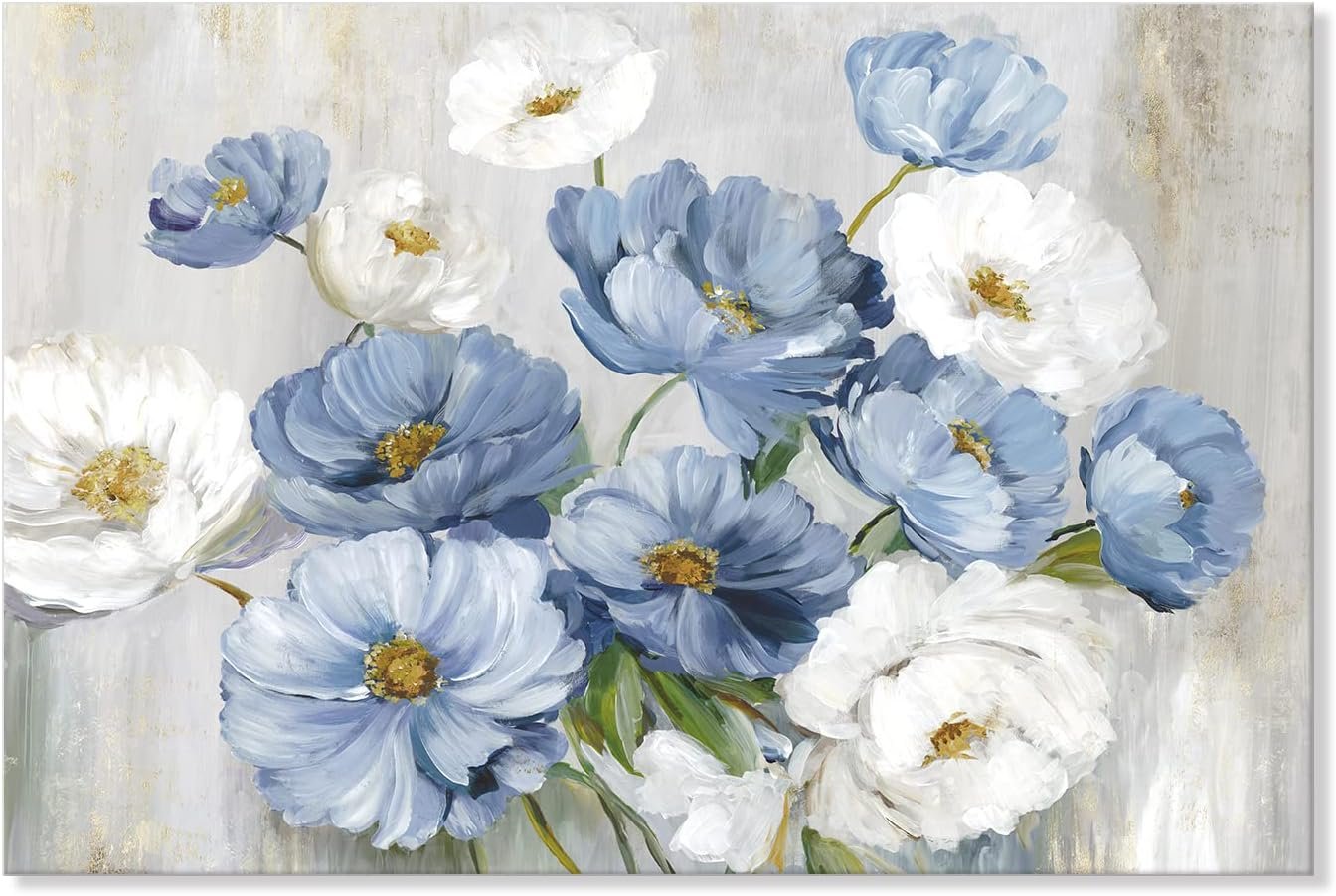 Goldfoilart Blue Flower Wall Art Light Blue and White Floral Canvas Print, 36″x24″ Large Modern Flower Picture for Living Room Bedroom Bathroom Home Decor