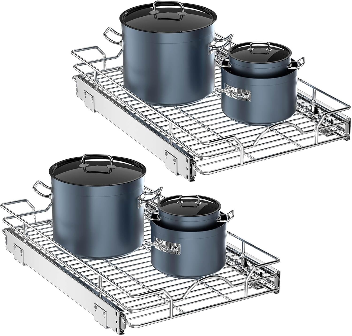 OCG Pull Out Cabinet Organizer 2 Pack (12″ W x 21″ D), Pull out Shelves 1 Tier, Cabinet Slide Out Shelves for Base Cabinet Organization in Kitchen Bathroom Pantry, Bottom Mount, Chrome Finish