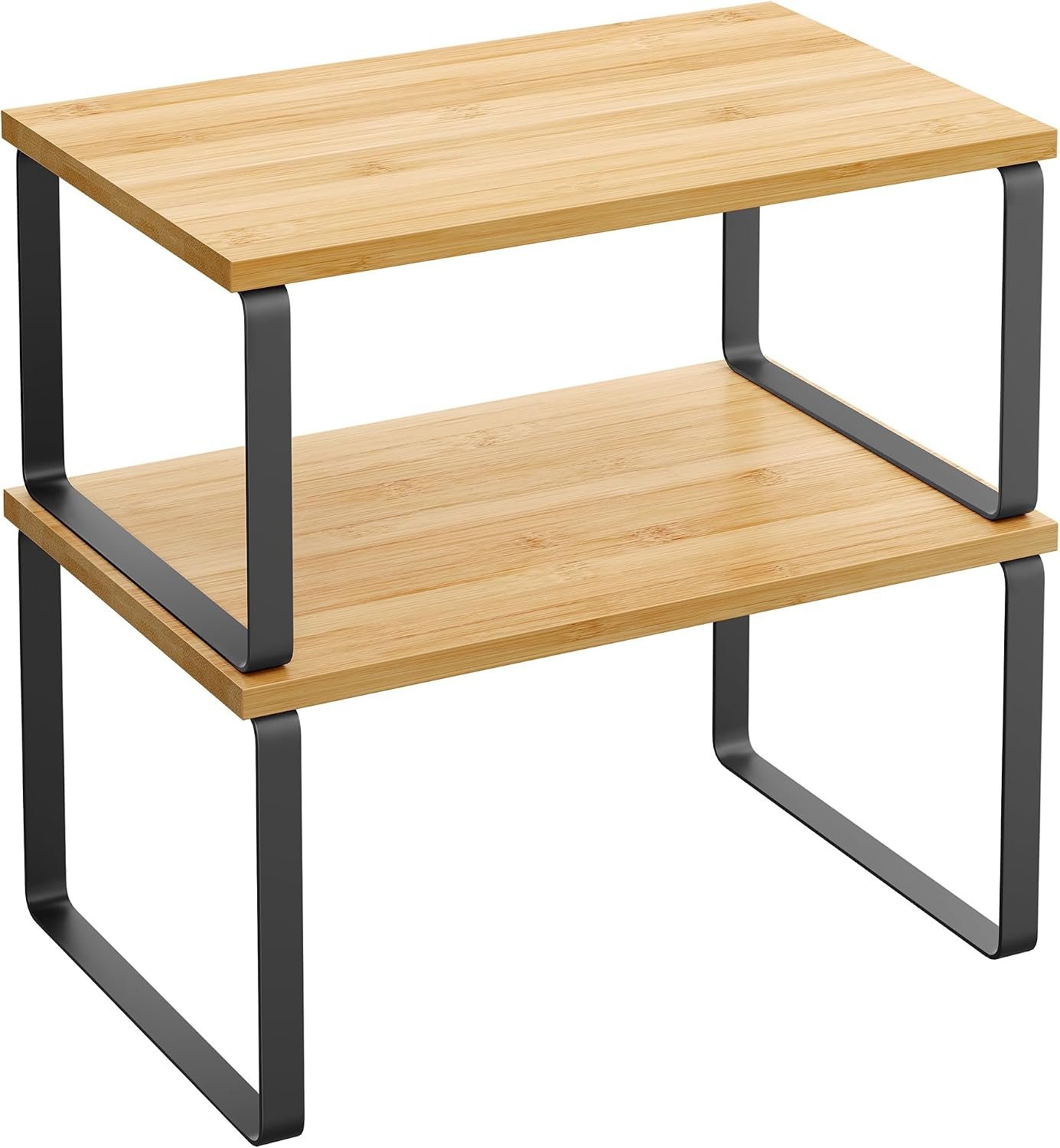 SONGMICS Cabinet Organizer Shelf, Set of 2 Kitchen Counter Shelves, Kitchen Storage, Spice Rack, Stackable, Expandable, Metal and Engineered Wood, 11.7 Inches, Ink Black and Natural Beige UKCS02NB