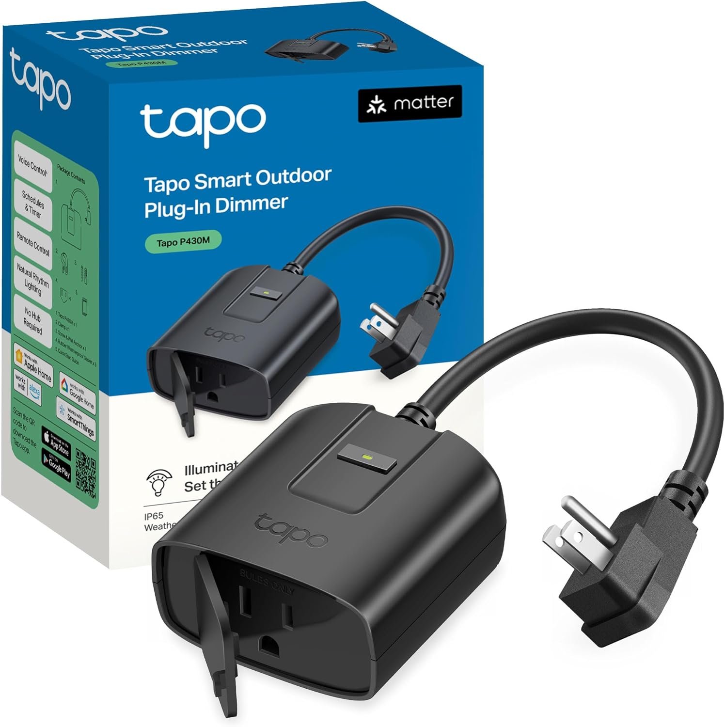 Tapo Outdoor Smart Dimmer Plug for Outdoor Lights, Matter, Energy Monitoring, App Control, IP65 Weather Resistant, Works with Siri, Alexa, Google, ETL Certified, 150WLED/CFL, 2.4GHZ WiFi Only, P430M