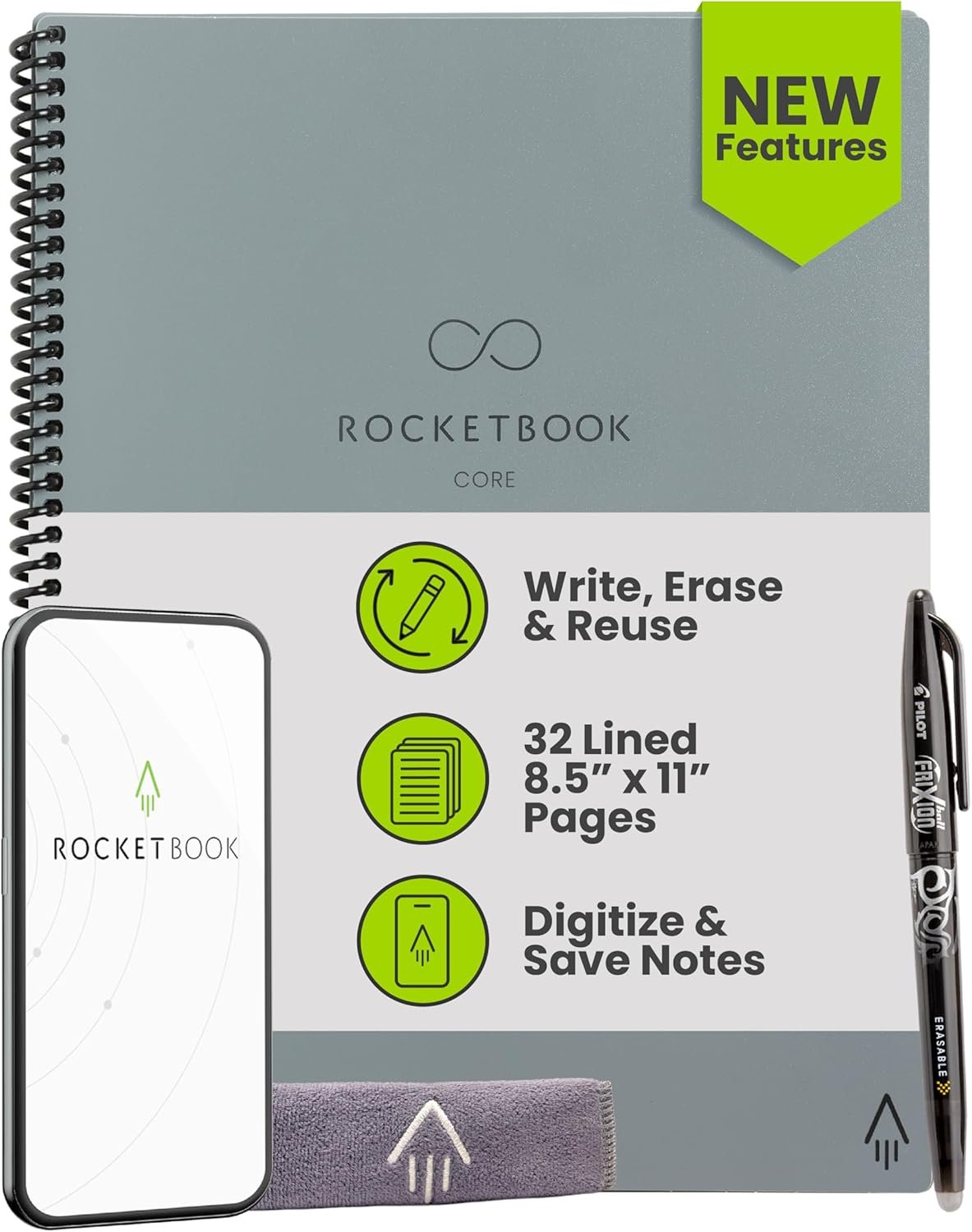 Rocketbook Core Reusable Smart Notebook, Lined Pages For School, Work and Creative Projects, Letter Size 8.5×11, Gray – Premium | Lined Pages For School Work and Creative Projects, Includes Pen and Towel