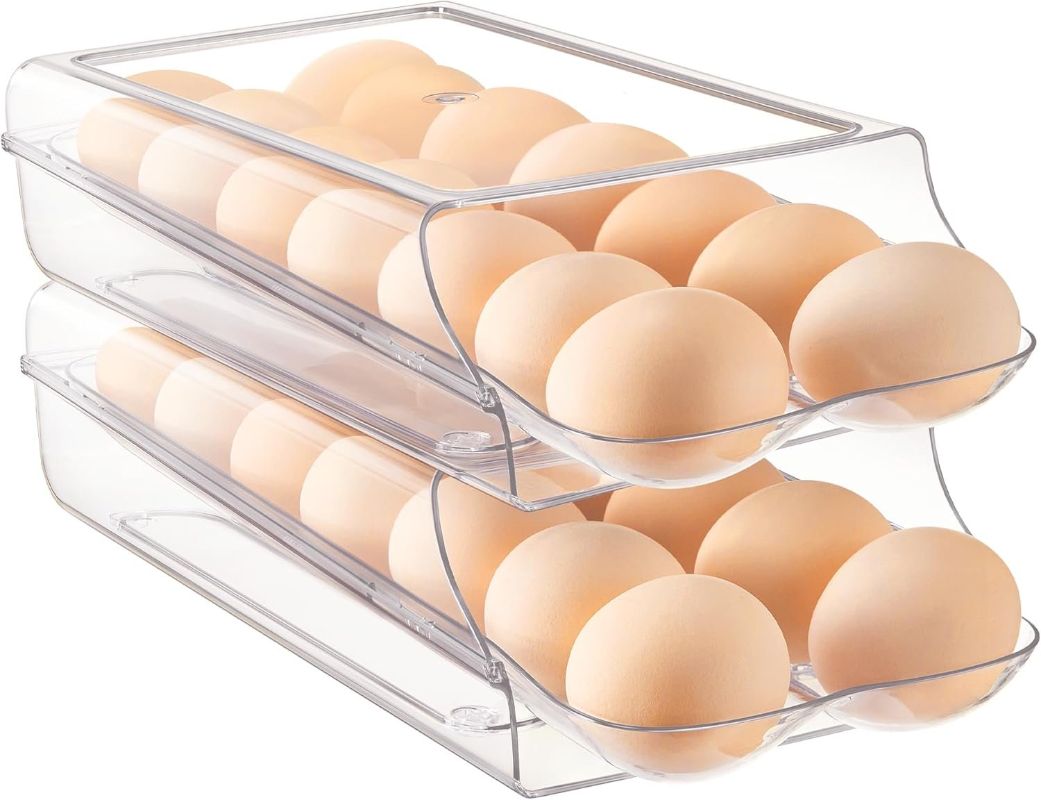 Vtopmart Clear Plastic Egg Holder for Fridge, Automatic Rolling Egg Container for Refrigerator, Stackable 14-Count Eggs Organizer with Removable Inner Tray, Fridge Organizers and Storage, 2Pack