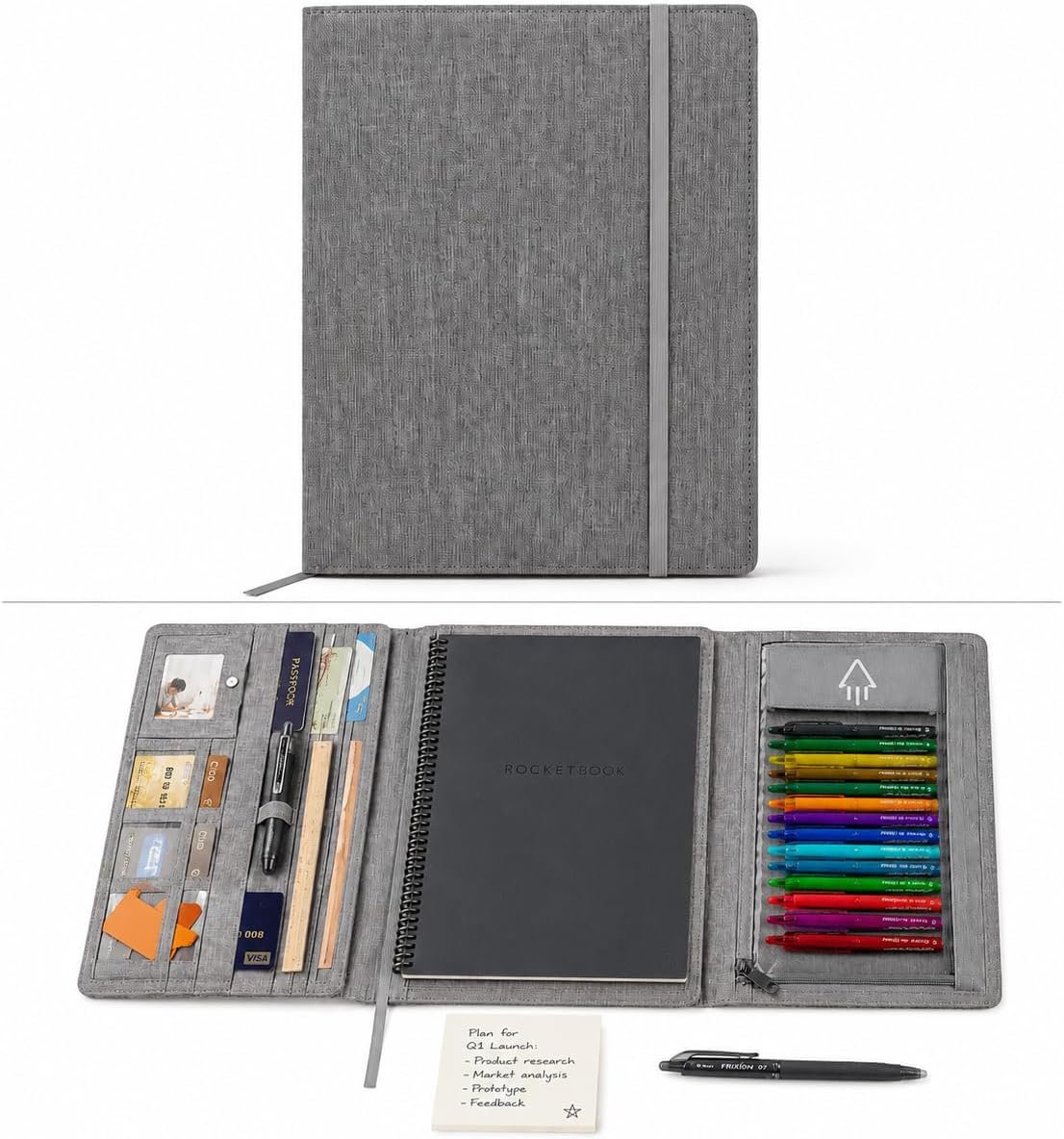 Pulchrum Rocketbook Folio Cover Letter Size – Trifold Portable Writing Board, Waterproof Notebook Portfolio Organizer for Core, Fusion and Panda 8.5×11, Slim Woven Case with Card Slots, Pen Loop (Gray)