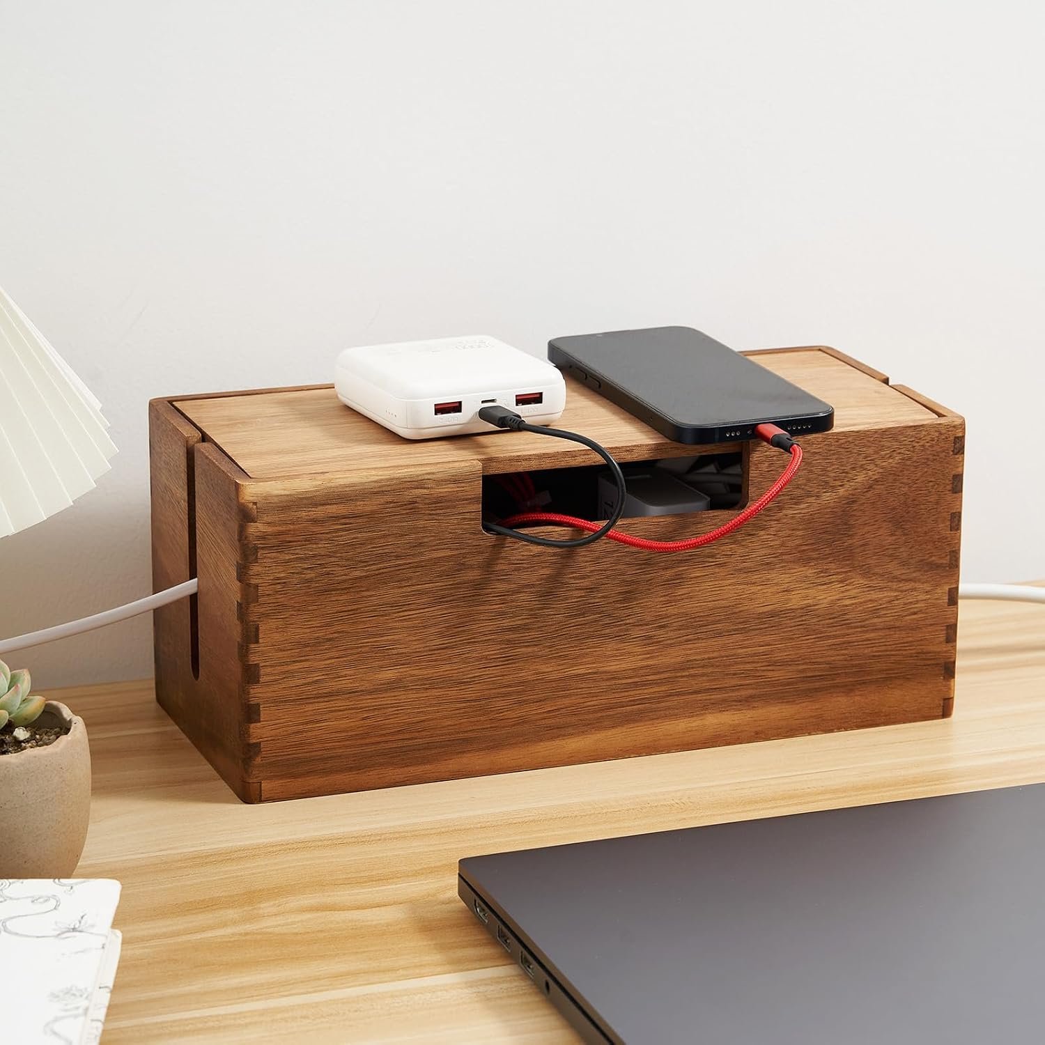 LiTY Acacia Wood Cable Management Box, Wooden Cord Hider & Organizer for Power Strip, Electrical Hiding, TV Wires, Desk & Floor Cables – Office Under Desk Cable Storage Box for Wire