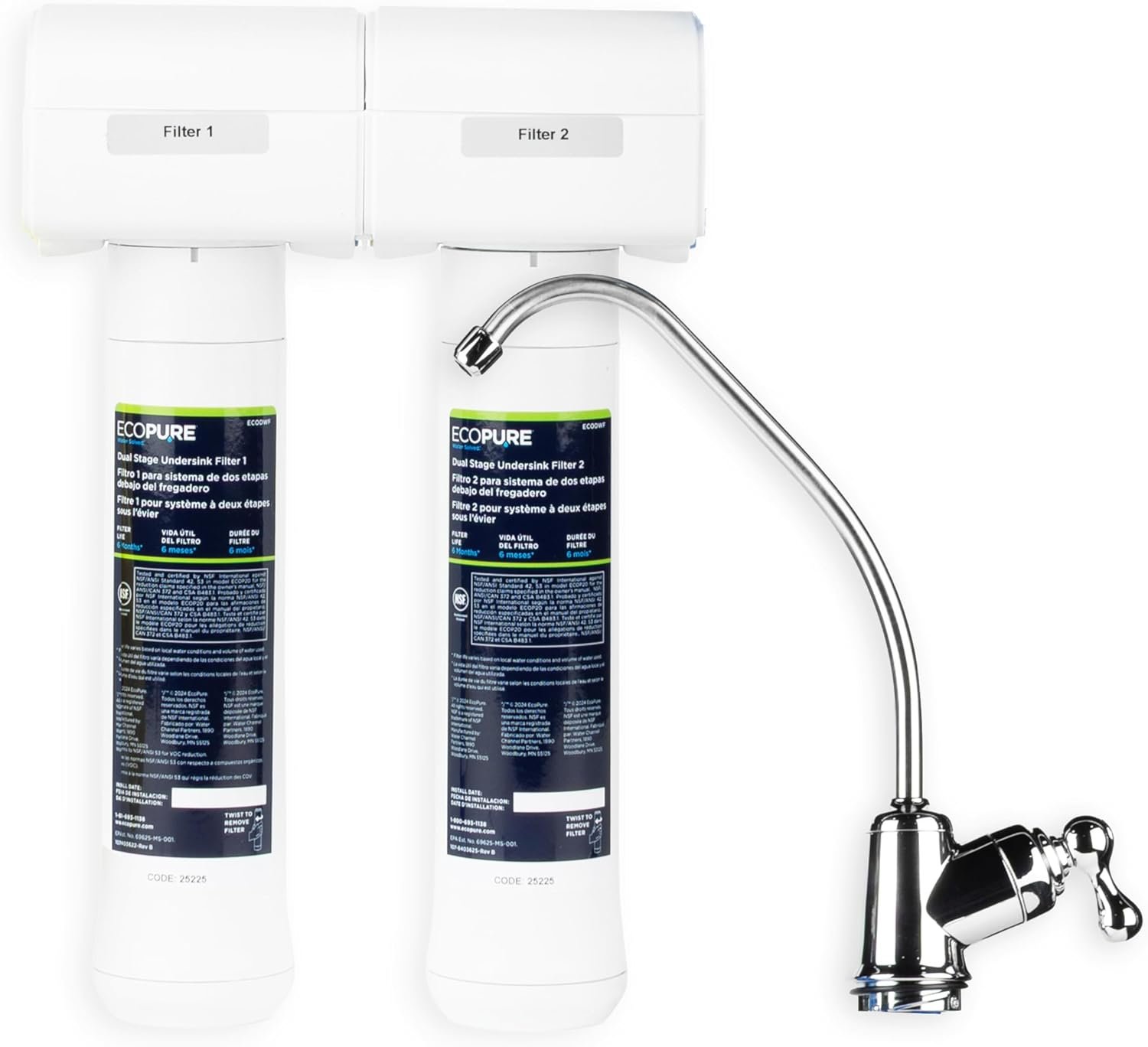EcoPure ECOP20 2 Stage Under Sink Water Filter System – NSF-Certified to Reduce 58 Contaminants – Clean Drinking Water – Easy Filter Changes – Includes Chrome Faucet & Filters