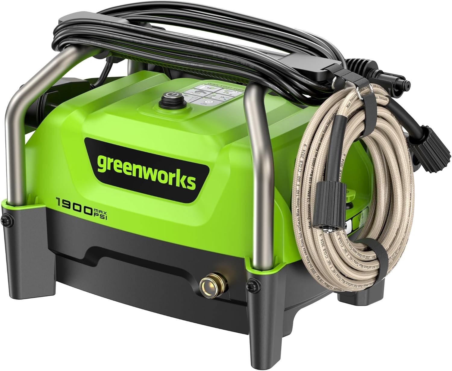 Greenworks 1900 PSI (1.2 GPM Max) Electric Pressure Washer (25°, 40°, Turbo Nozzle, Soap Applicator) Ideal for Cleaning Cars, Trucks, Boats, Outdoor Patio Furniture, Decks, and Windows
