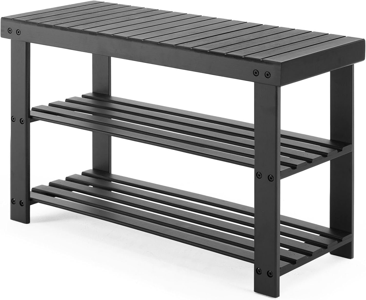 Sweetcrispy 3-Tier Shoe Rack Bench for Entryway, 27 Inches, Black | Bamboo Shoe Storage Bench, Shoes Rack for Entrance, Bedroom, Living Room, Balcony, 6 Pairs, 286lb Capacity