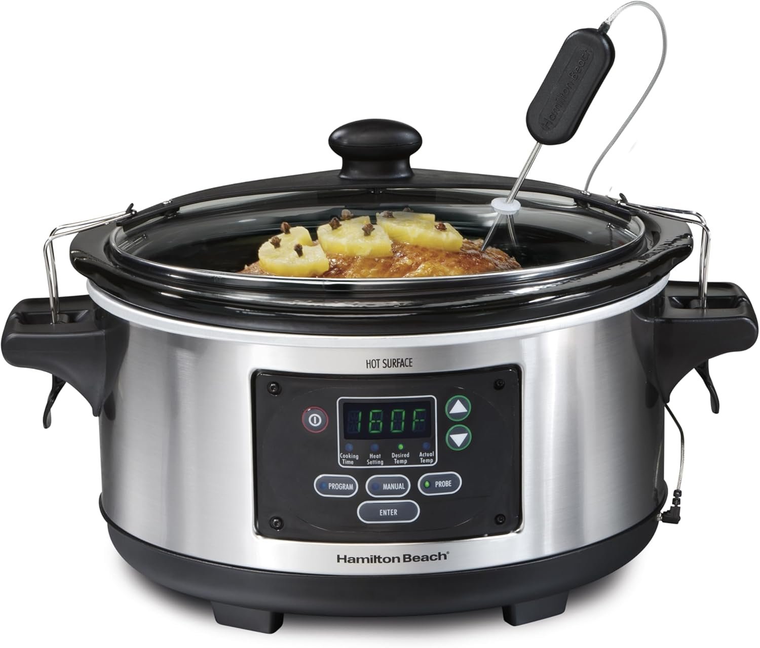 Hamilton Beach Portable 6 Quart Set & Forget Digital Programmable Slow Cooker with Lid Lock, Temperature Probe, Dishwasher Safe Crock & Lid, Stainless Steel (33969A) | Temperature Probe | Lid Lock For Easy Travel | Dishwasher Safe Crock & Glass Lid | Stainless Steel | 33969AG