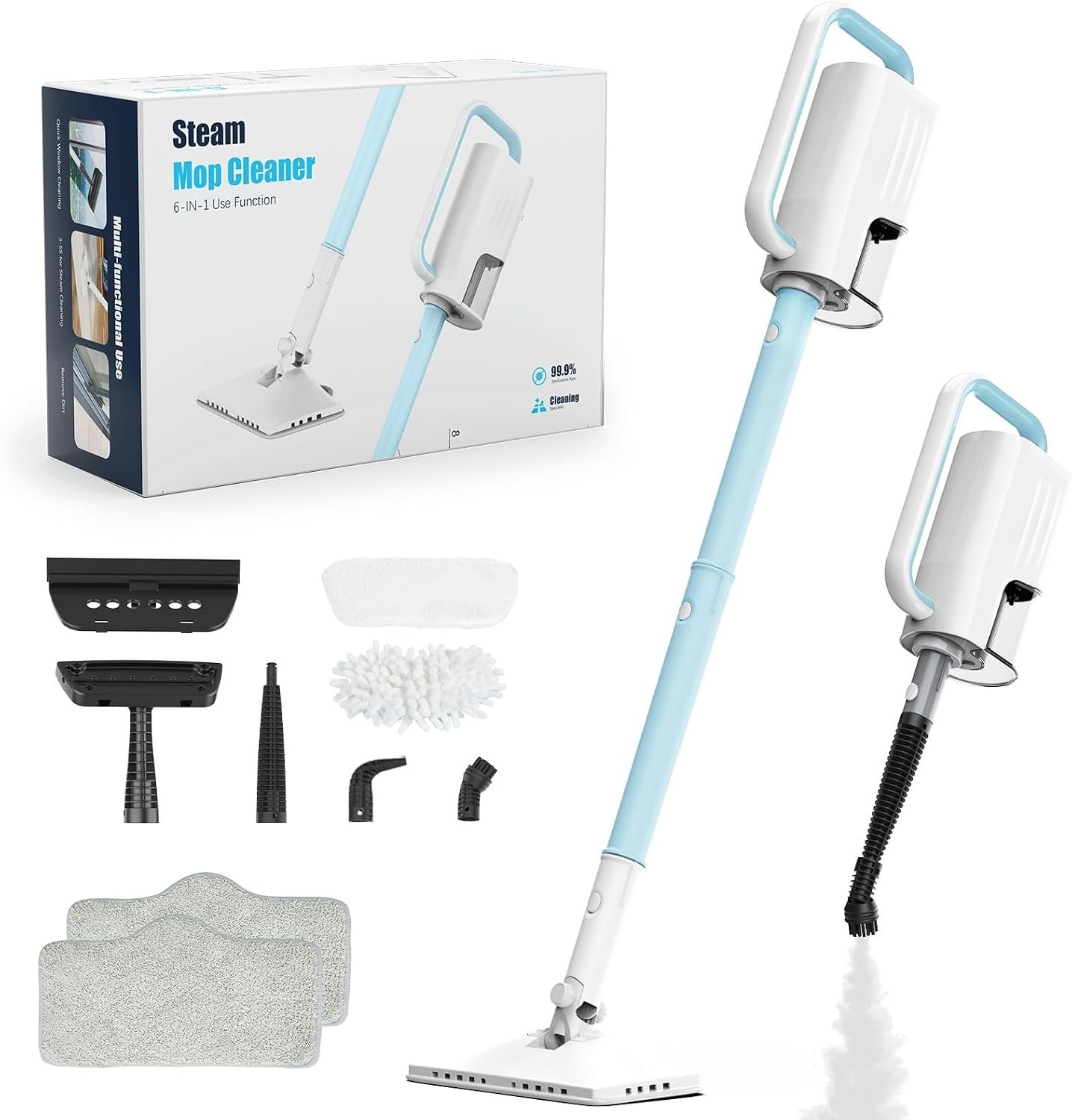 Steam Cleaner, 6 in1 Rotated Steam Mop Cleaner with 2 Modes, 2 Microfiber Pads, 400ML Removable Tank, 23FT Power Cable, Detachable Steam Mops for Floor, Laminate Floor, Tiles Cleaning (Ice Blue)