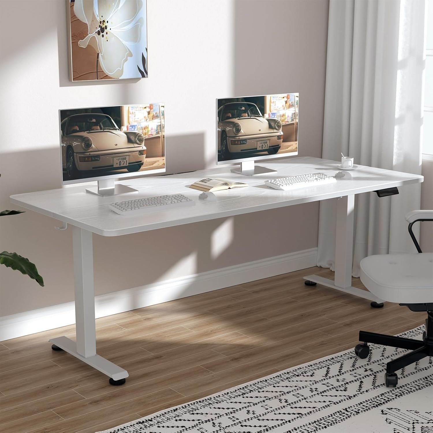 Veken 63×27.6 Inch Large Electric Standing Desk, Heights Adjustable,Sit to Stand Up, Work Home Office Computer Table for Walking Pad, Gifts for Dad, Wooden Desktop Desks, White