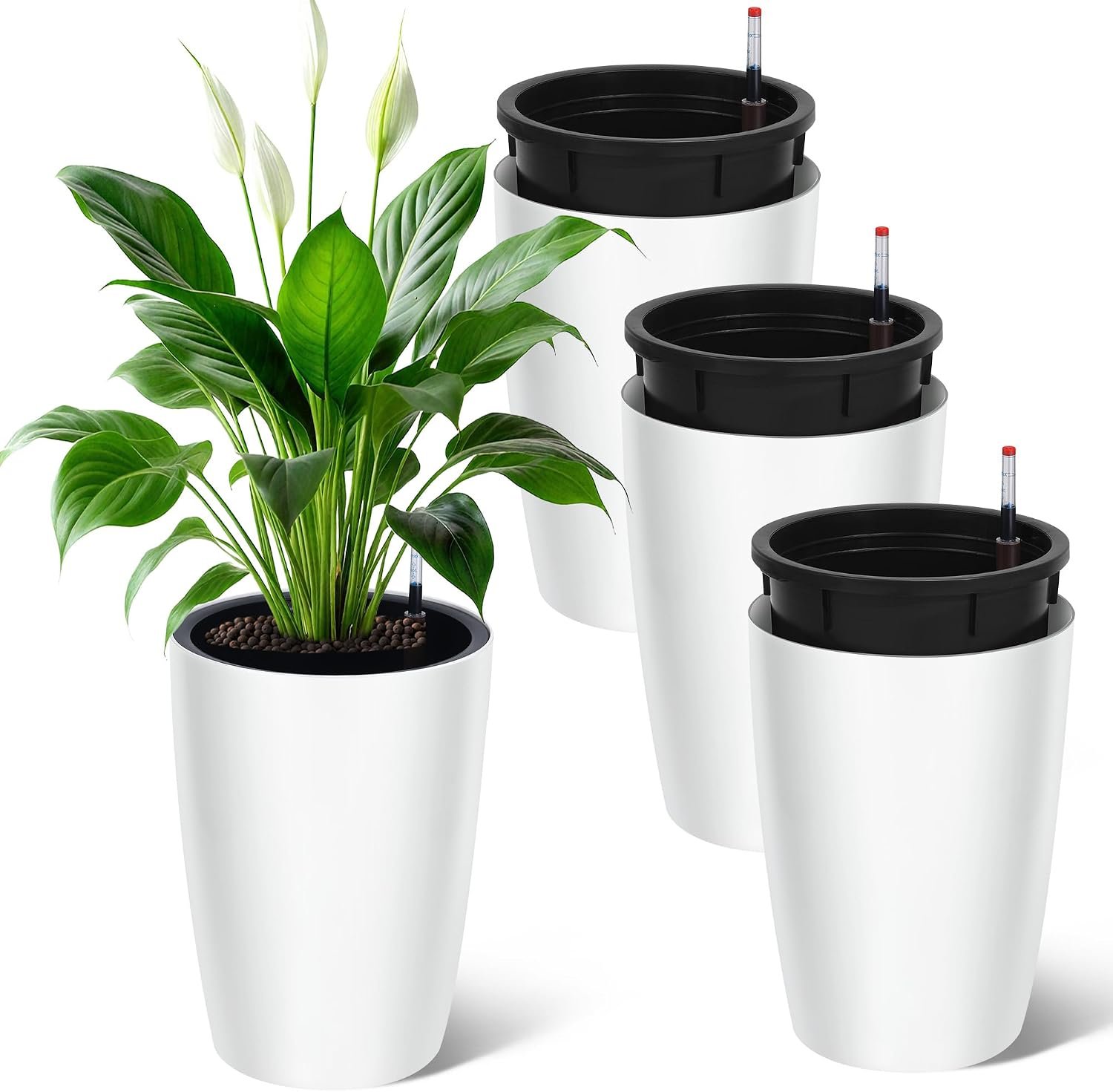 Garvee Tall Planters for Outdoor Plants, 16 in Large Planters Set of 4, Outdoor & Indoor Planters with Water Level Monitor ＆ Inner Bucket, Automatic Watering, for Porch, Patio, Backyard, White