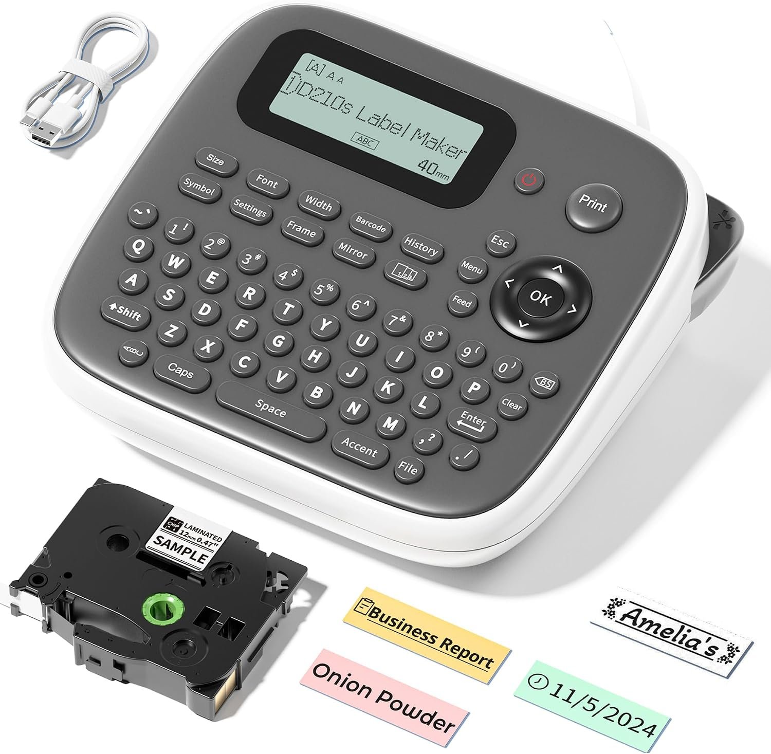 Label Maker Machine with Tape, Label Maker Waterproof Labels 12mm, D210s Laminated Labeler Machine, Multi Icons Borders & One-Touch Keys, Labelmaker for Home Use/School Office Supplies