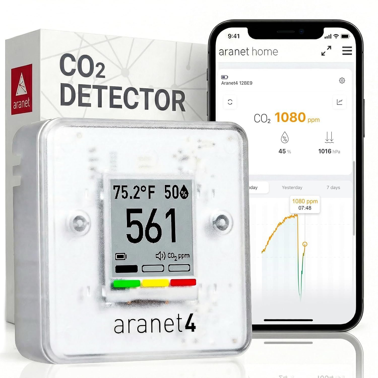 Aranet4 Home: Wireless Indoor Air Quality Monitor for Home, Office or School [CO2, Temperature, Humidity and More] Portable, Battery Powered, E-Ink Screen, App for Configuration & Data History