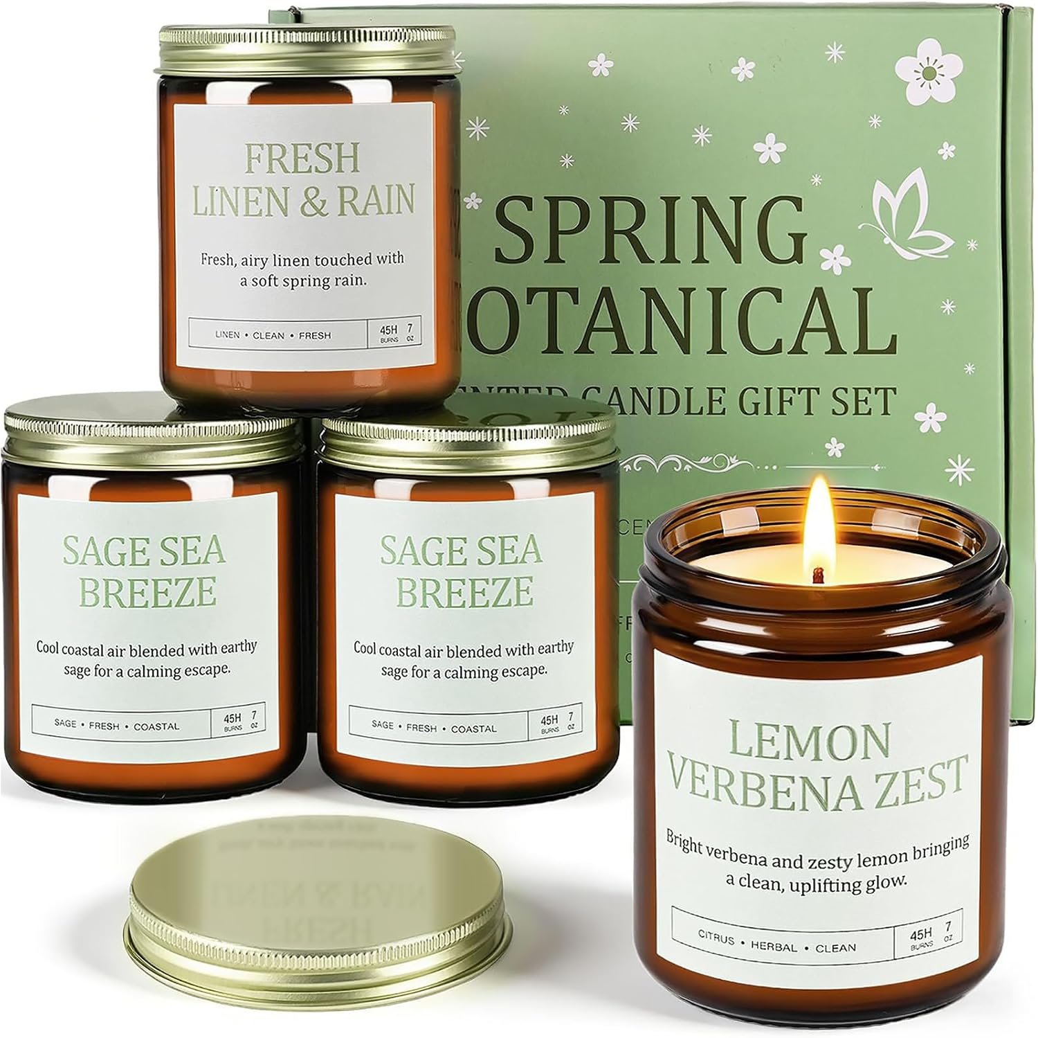 Scented Candles Gift Set, Long Lasting 4 Pack Aromatherapy Candles for Home | 200 Hour Burn, Fresh Linen & Rain, White Blossom & Pear, Lemon Verbena Zest, Sage Sea Breeze, Gifts for Women