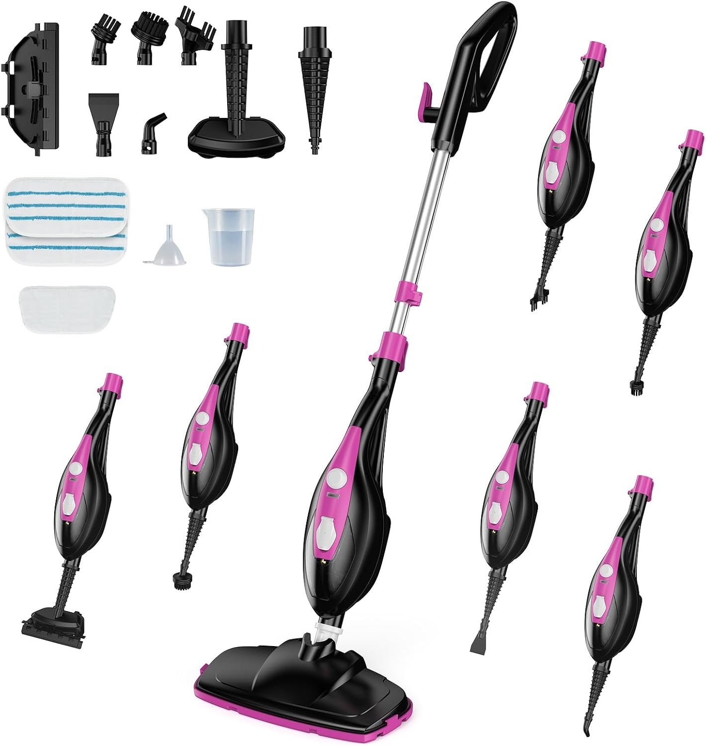 OLIXIS 10-in-1 Steam Mop, 1550W Detachable Handheld Steam Cleaner for Floor Cleaning, 16.4FT Cord, 2 Washable Pads, Multi-Purpose Floor Steamer for Hardwood, Carpet, Tile, Grout, Windows, Black Pink