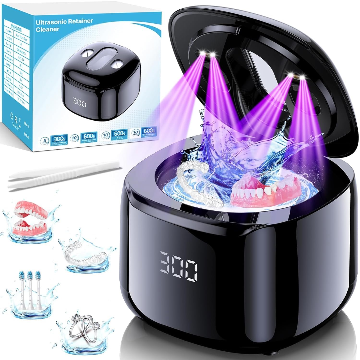 Ultrasonic Retainer Cleaner Machine, 49KHz 220ML Dental Cleaning Pod with Digital Timer, Deep Cleaning Ultrasonic Dentures Cleaner for Night Guards, Braces, Aligner, Toothbrush, Jewelry Black
