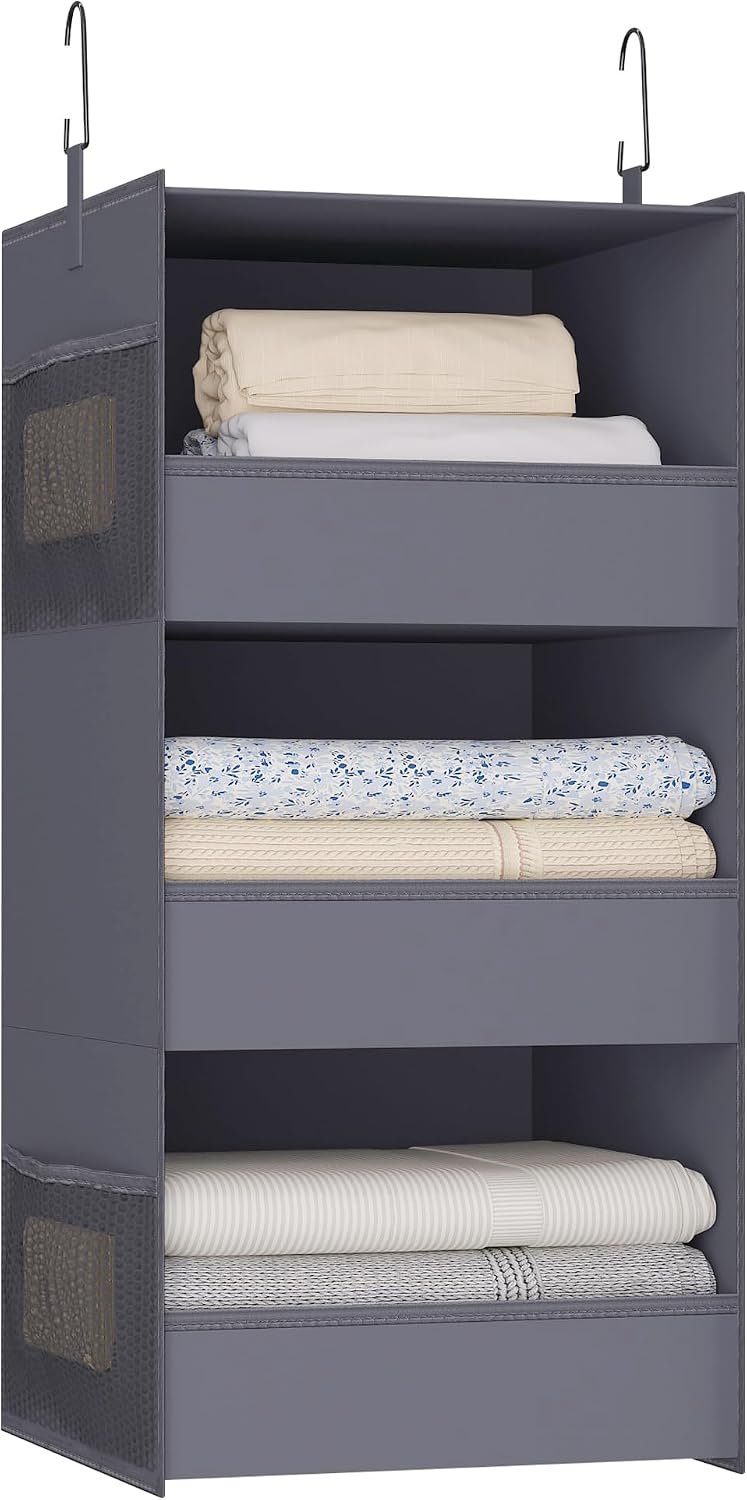 3-Shelf Hanging Closet Organizer, Washable Foldable Storage, Dark Gray | Front lip keeps items secure; side pockets add room; Oxford fabric handles towels, shirts, baby items, dorms, RVs or travel.
