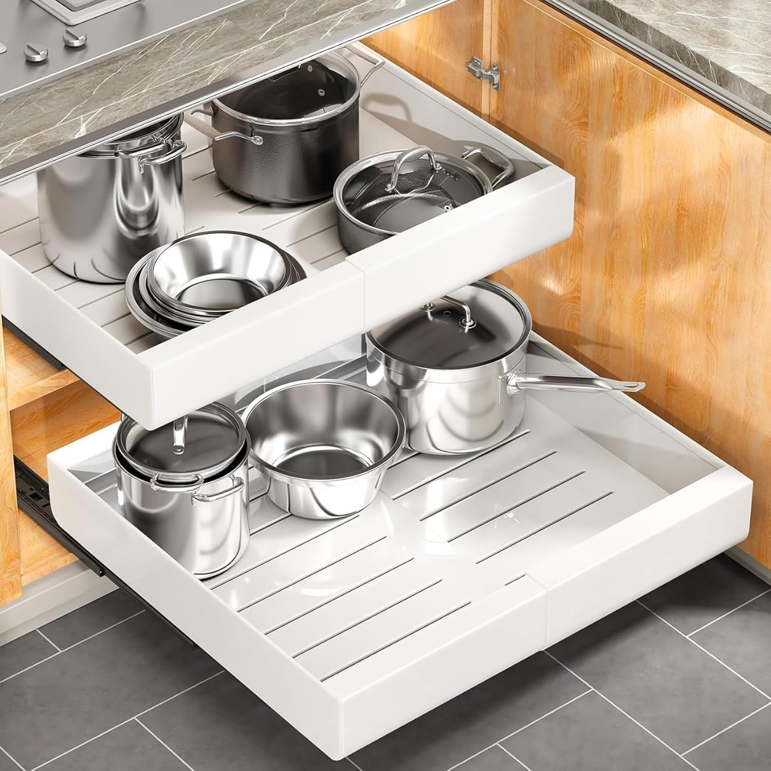 Pull out Cabinet Organizer, Expandable(12″-20″) Heavy Duty Slide out Drawers Fixed with Adhesive Nano Film for Pots, Roll out Shelf Storage for Kitchen Base Cabinet, Pantry, Bathroom Cupboard