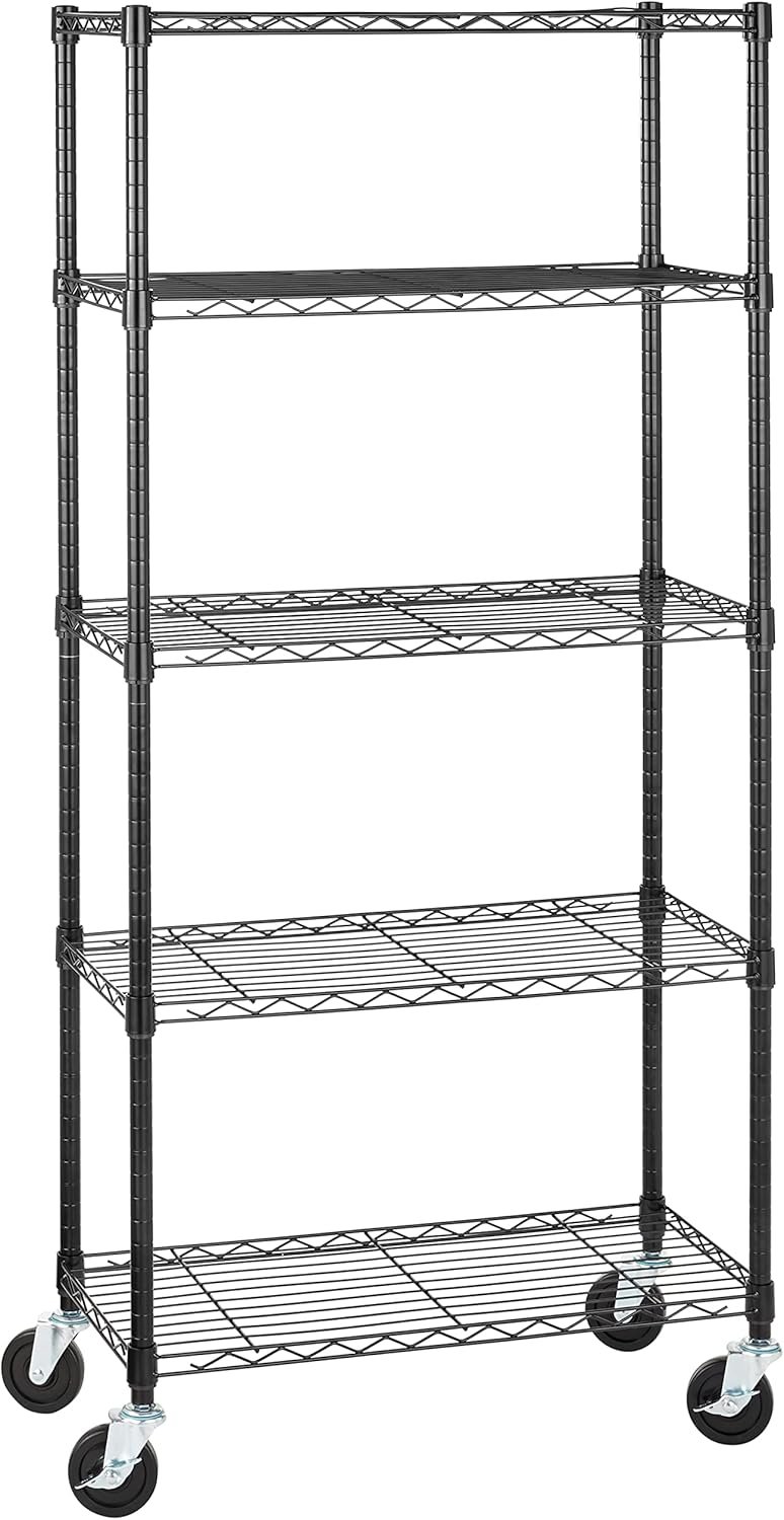 Amazon Basics 5-Shelf Heavy Duty Garage Shelving Storage Rack with 4″ Wheel Casters, Adjustable Metal Wire Organizer, 300 lbs Per Shelf, 30″ x 14″ x 64.75″, Black