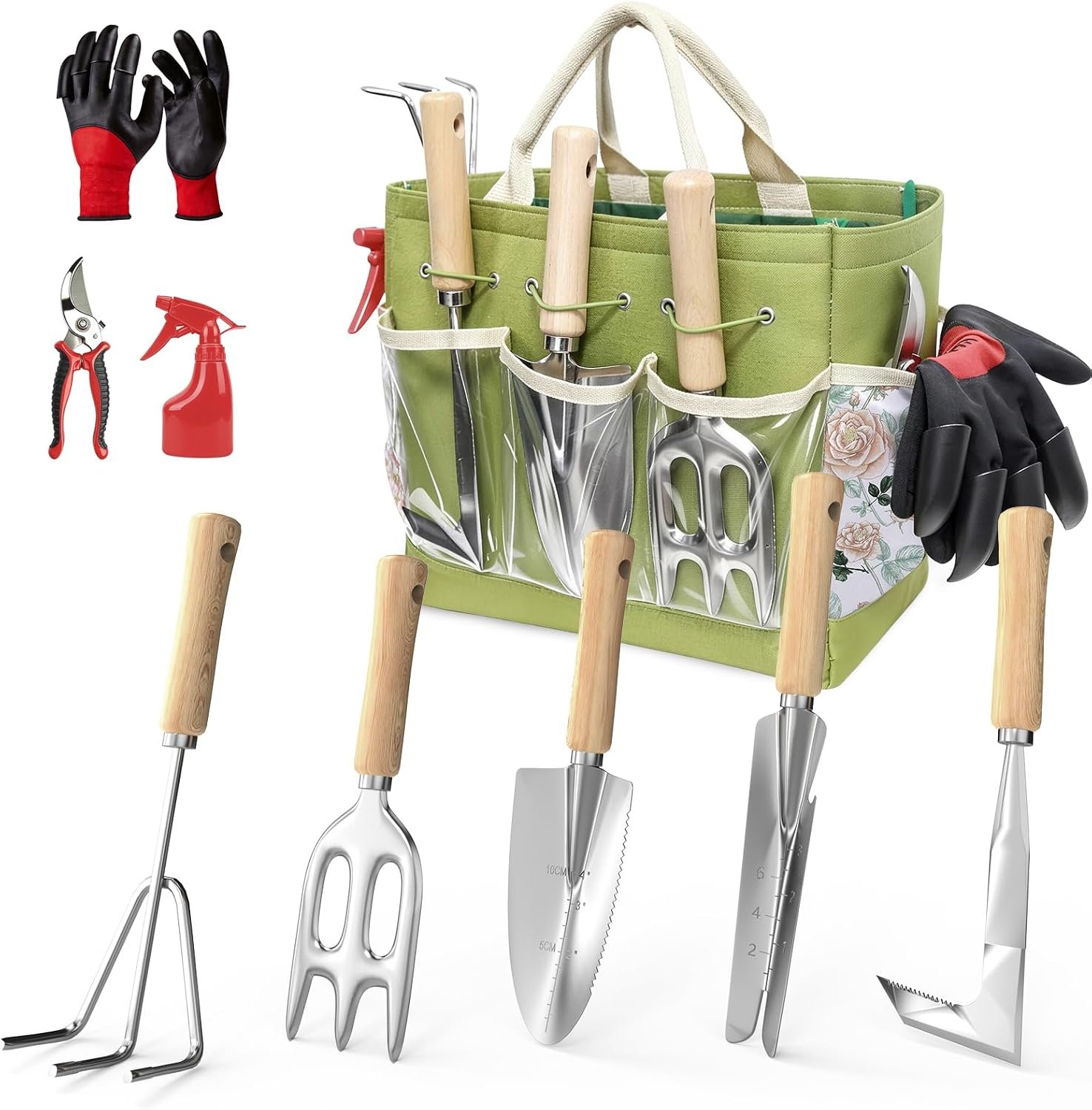 Garden Tools Set, 9-Piece Heavy Duty Gardening Tools with Clear Pocket Tote Bag, Stainless Steel Garden Hand Tools for Digging, Planting, Weeding and Pruning, Durable Gardening Kit
