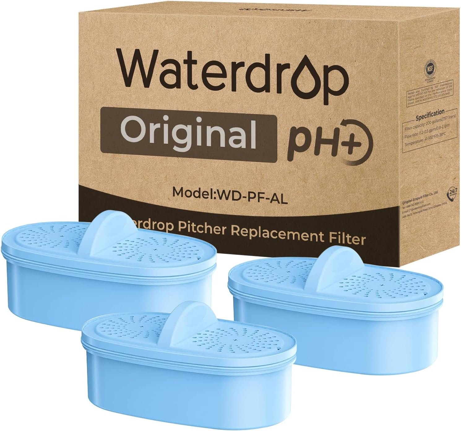 [Original] Waterdrop PF-AL Alkaline Water Filter Replacement for Waterdrop Pitcher and Dispenser Filtration System, Increase PH, Improved Coffee Taste, Last Up to 2 Months/100 Gallons, 3 Pack
