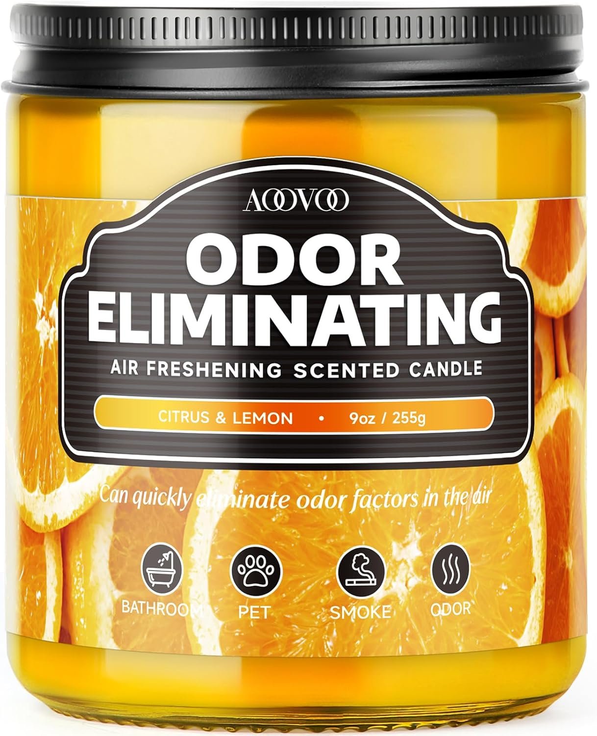 AOOVOO Citrus Lemon Odor Eliminating Highly Fragranced Candle – Eliminates 95% of Pet, Smoke, Food, and Other Smells Quickly, Non Toxic Air Freshing Soy Candle, 9 oz Up to 50 Hours Burn time