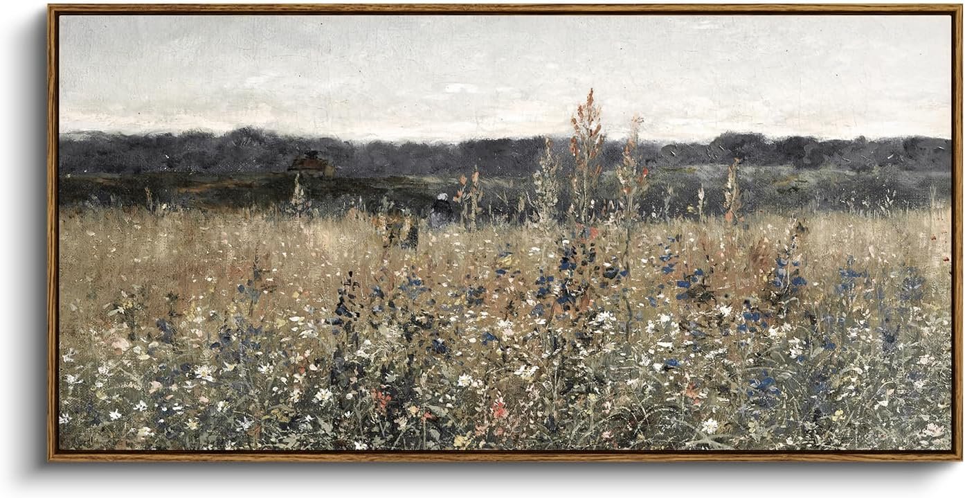 InSimSea Extra Large Framed Vintage Wall Art, Living Room Country Farmhouse Decor, Flower Meadow Landscape Paintings, Canvas Prints, Retro Scenery Long Pictures for Bedroom Above of Bed,20x40inch