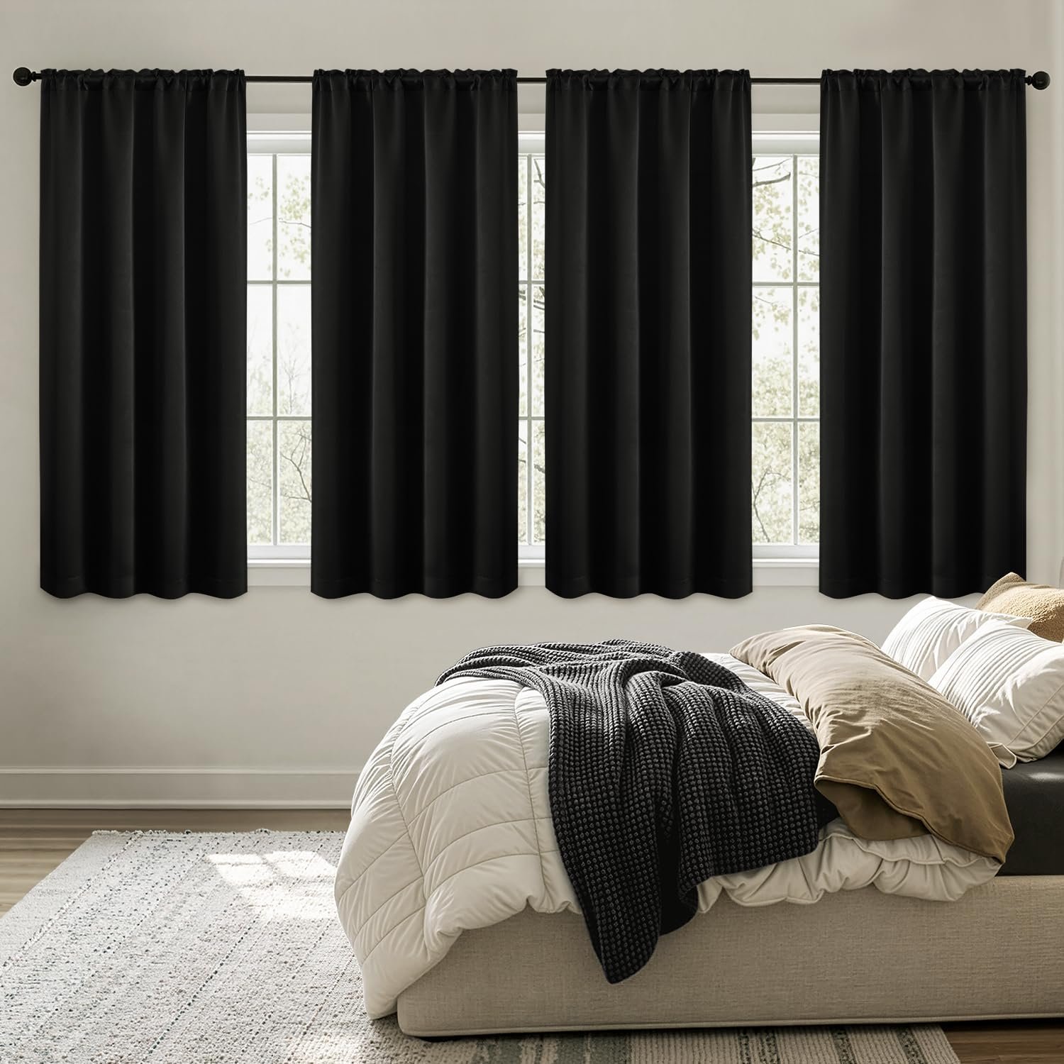 MIULEE Blackout Curtains 4 Panels Sets Black 63 Inch Length, Top and Bottom Rod Pocket Room Darkening Curtains for Bedroom Windows, 4 Pack Solid Thermal Insulated Light Blocking Curtain Drapes