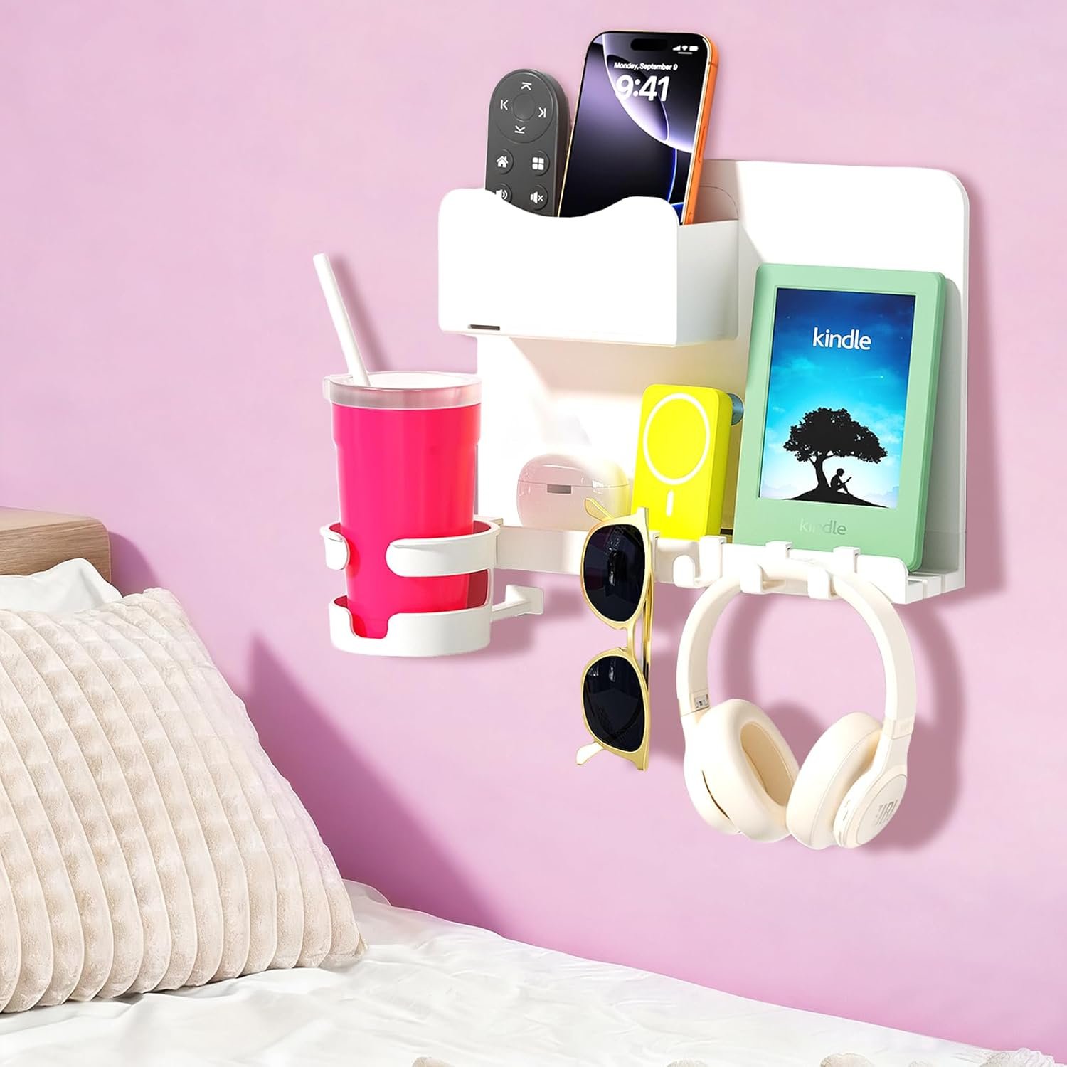 Floating Shelves for Bedside Shelf, Stick On Accessories Organizer, Dorm Room Essentials, Wall Mount Shelf, Cute Room Decor Aesthetic, Girls Room Decor, Cool Stuff For Bedroom Storage And Organization